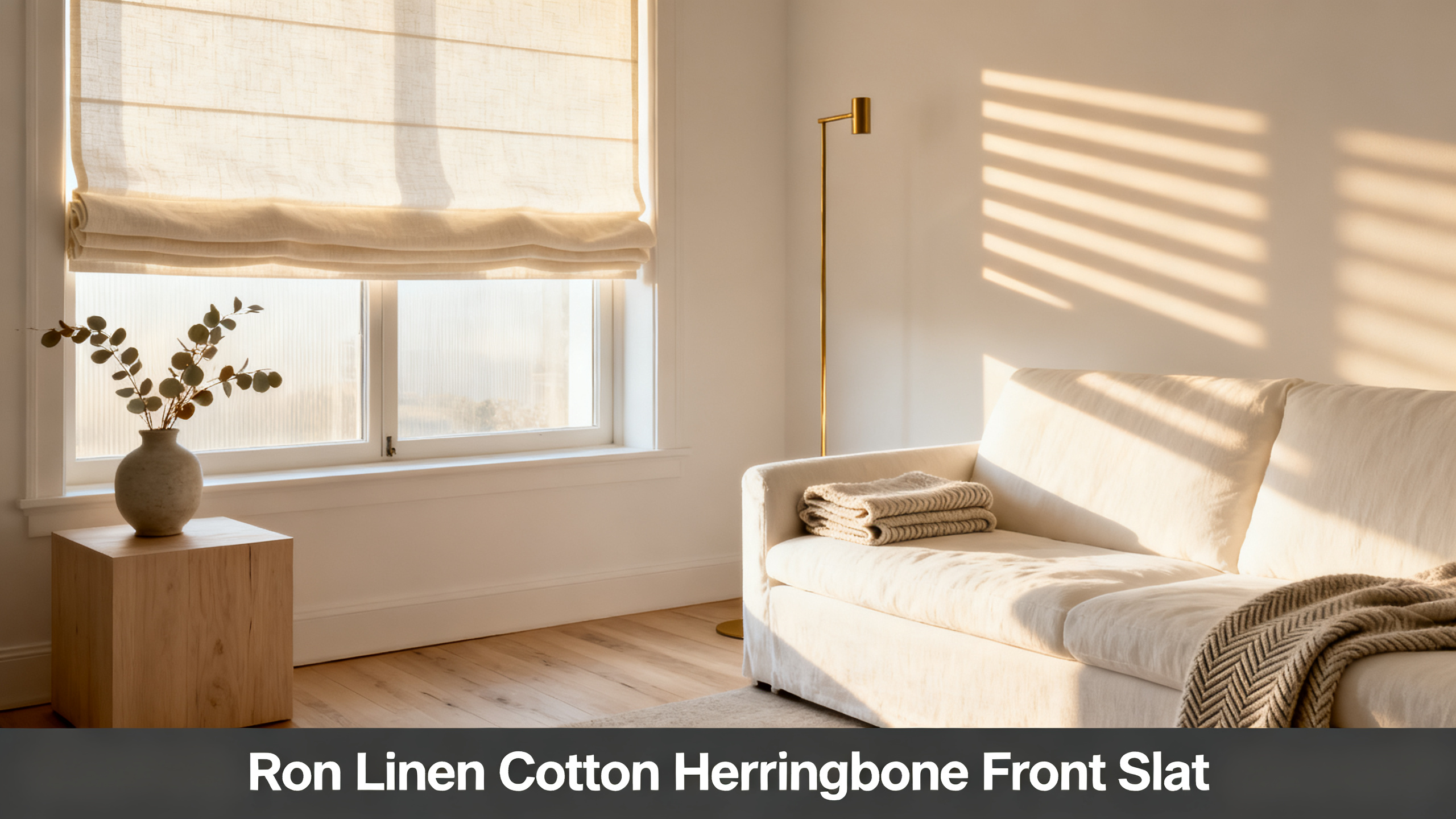 Scandinavian-modern interior at golden hour with window treatment, neutral palette, editorial home photography for Ron Linen Cotton Herringbone Front Slat