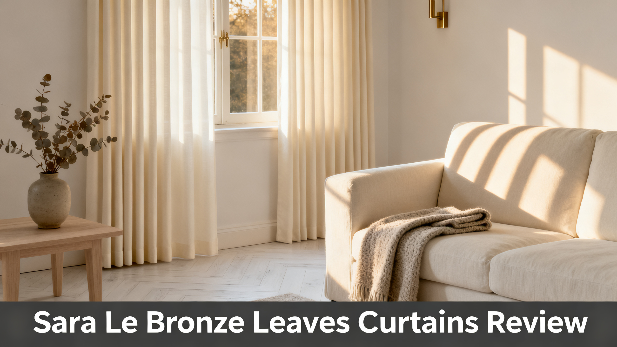 Scandinavian-modern interior at golden hour with window treatment, neutral palette, editorial home photography for Sara Le Bronze Leaves Curtains Review