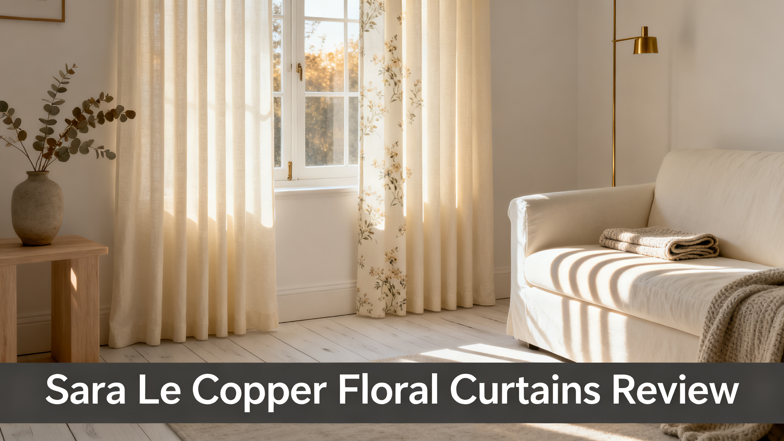 Scandinavian-modern interior at golden hour with window treatment, neutral palette, editorial home photography for Sara Le Copper Floral Curtains Review