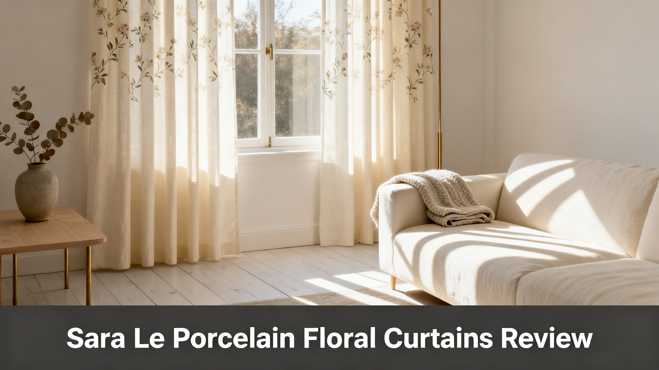 Scandinavian-modern interior at golden hour with window treatment, neutral palette, editorial home photography for Sara Le Porcelain Floral Curtains Review