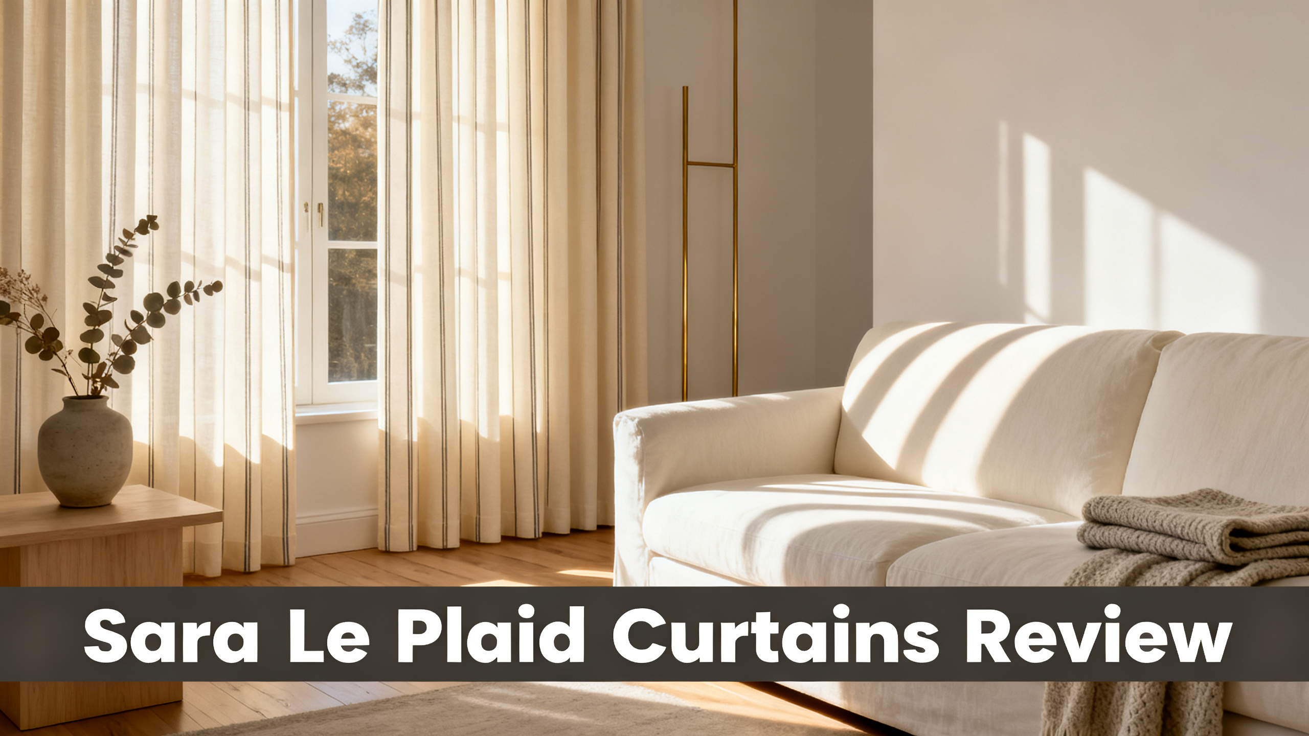 Scandinavian-modern interior at golden hour with window treatment, neutral palette, editorial home photography for Sara Le Plaid Curtains Review