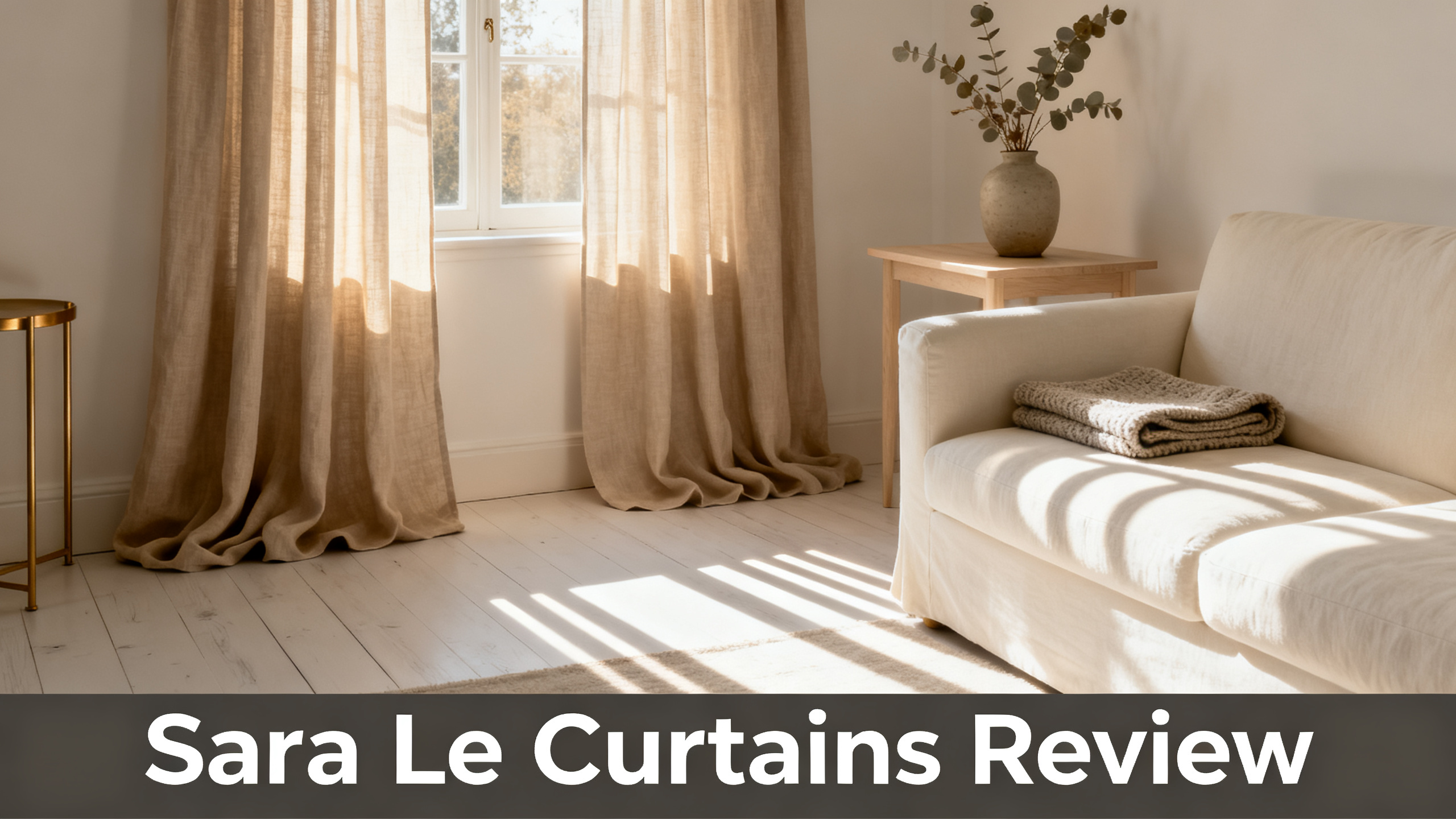 Scandinavian-modern interior at golden hour with window treatment, neutral palette, editorial home photography for Sara Le Curtains Review
