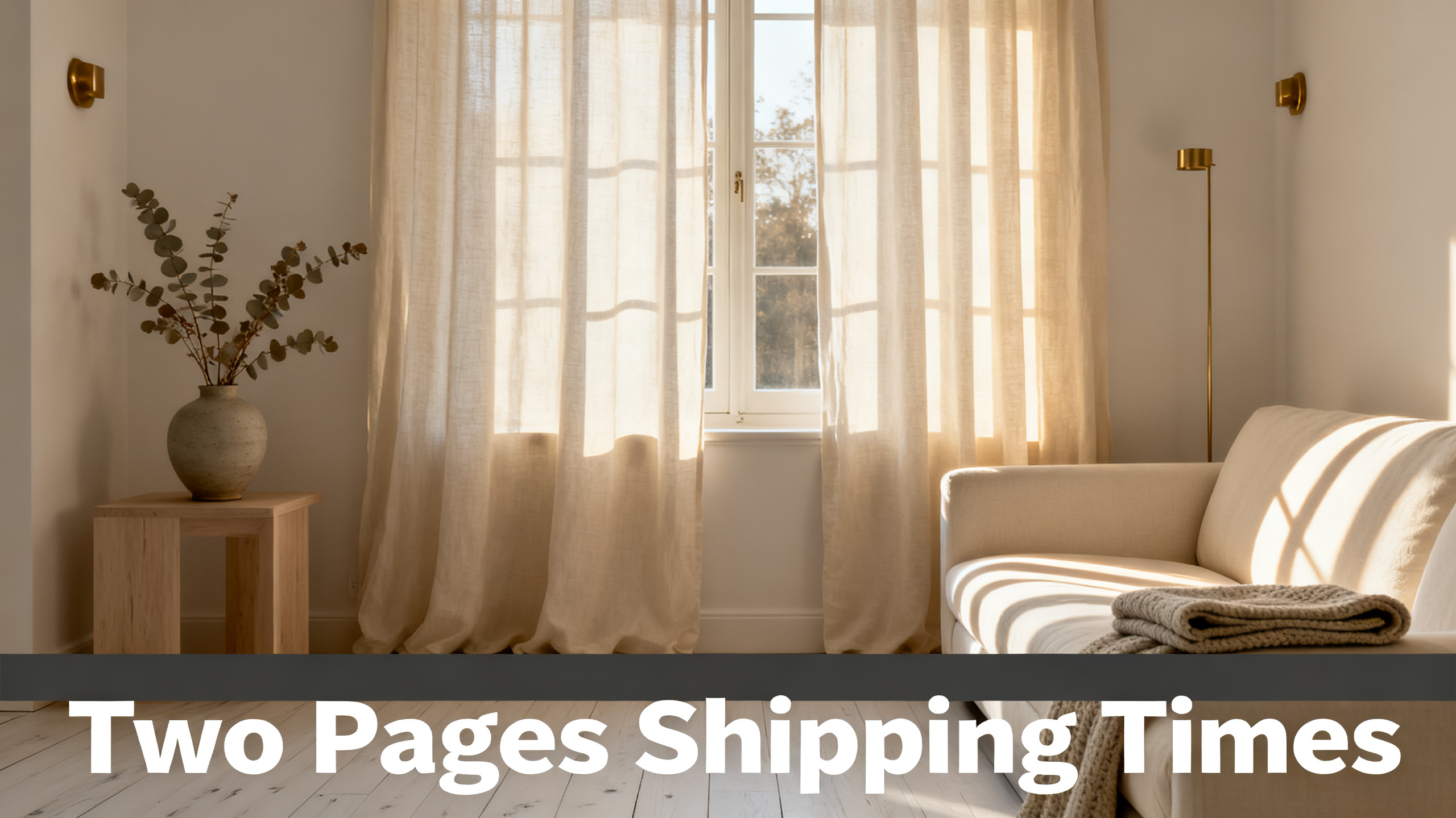 Scandinavian-modern interior at golden hour with window treatment, neutral palette, editorial home photography for Two Pages Shipping Times