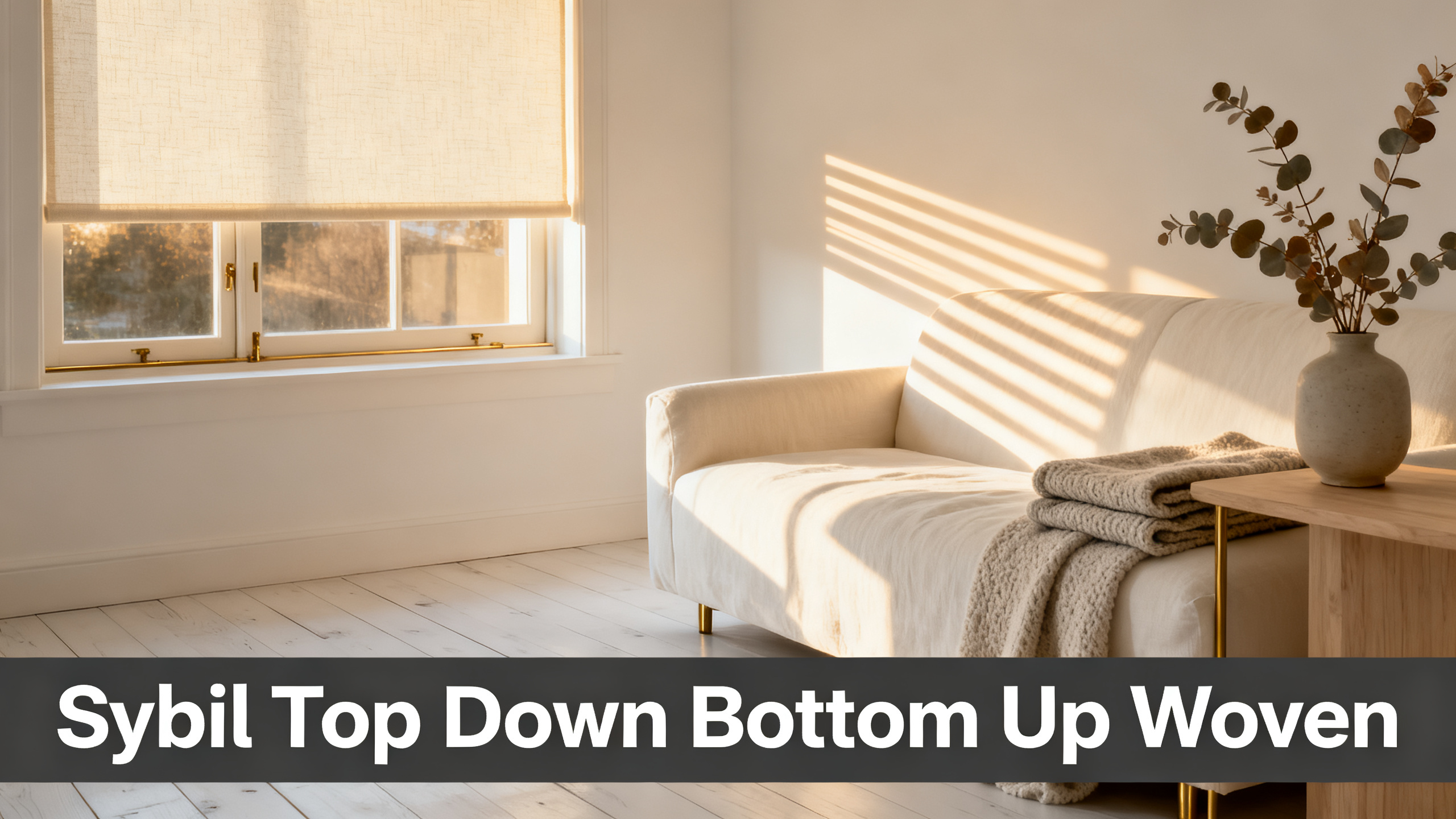 Scandinavian-modern interior at golden hour with window treatment, neutral palette, editorial home photography for Sybil Top Down Bottom Up Woven