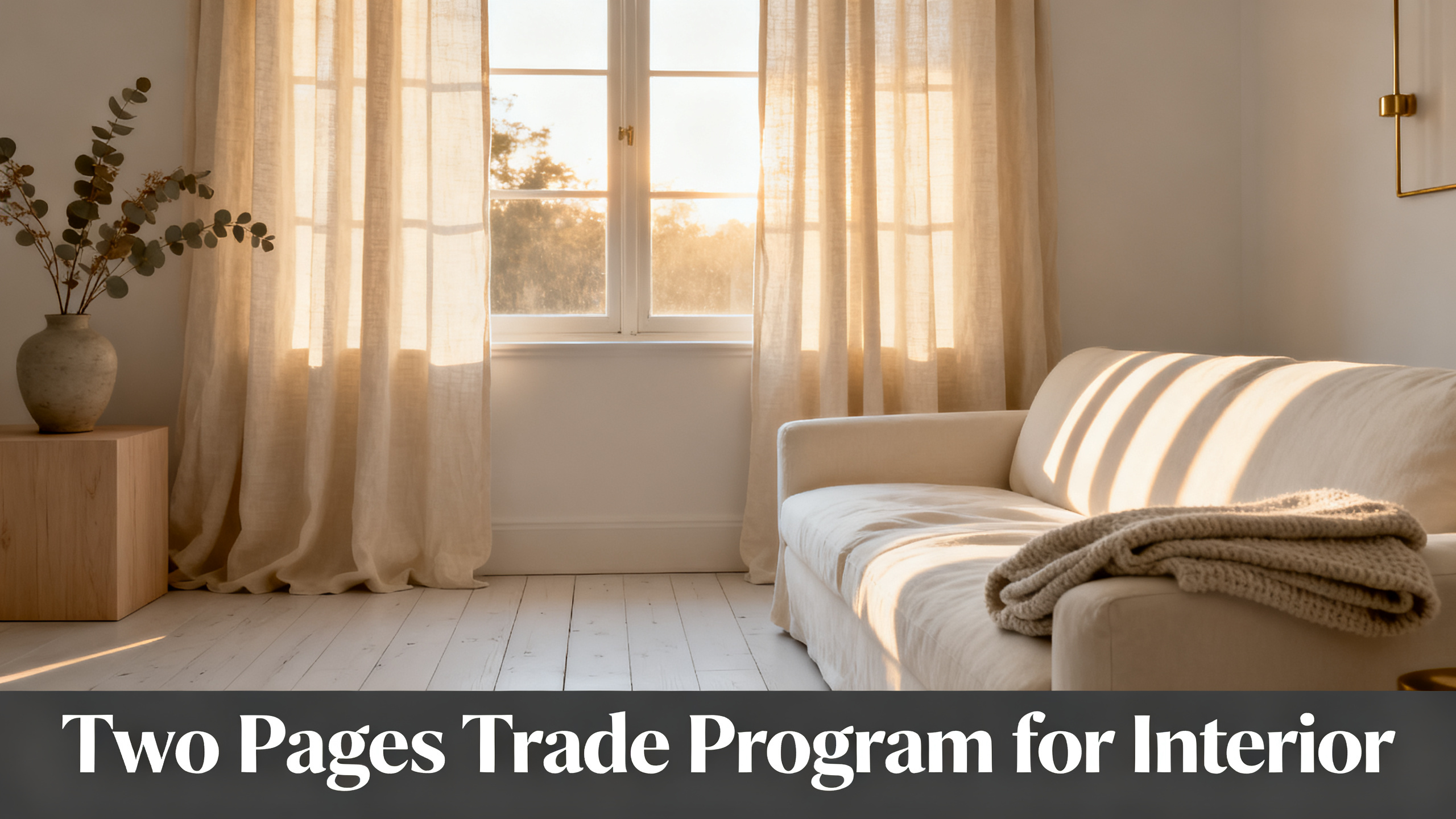 Scandinavian-modern interior at golden hour with window treatment, neutral palette, editorial home photography for Two Pages Trade Program for Interior