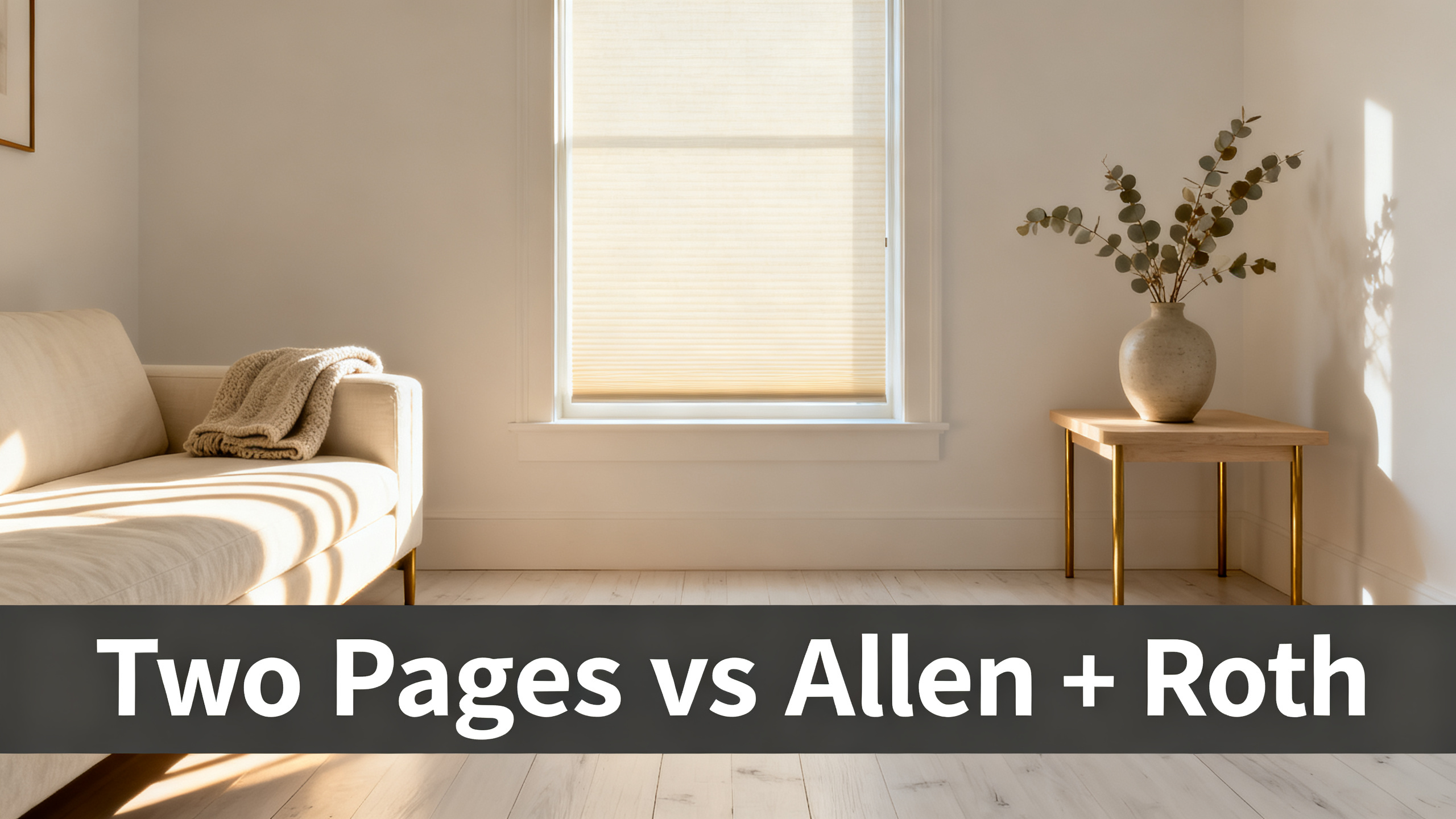 Scandinavian-modern interior at golden hour with window treatment, neutral palette, editorial home photography for Two Pages vs Allen + Roth