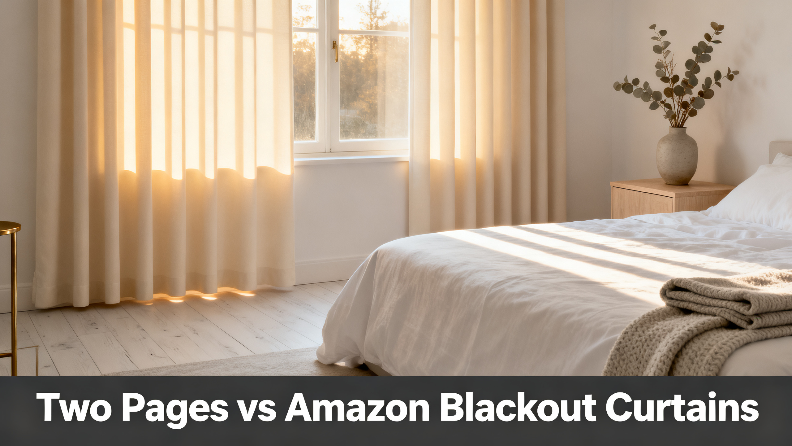 Scandinavian-modern interior at golden hour with window treatment, neutral palette, editorial home photography for Two Pages vs Amazon Blackout Curtains