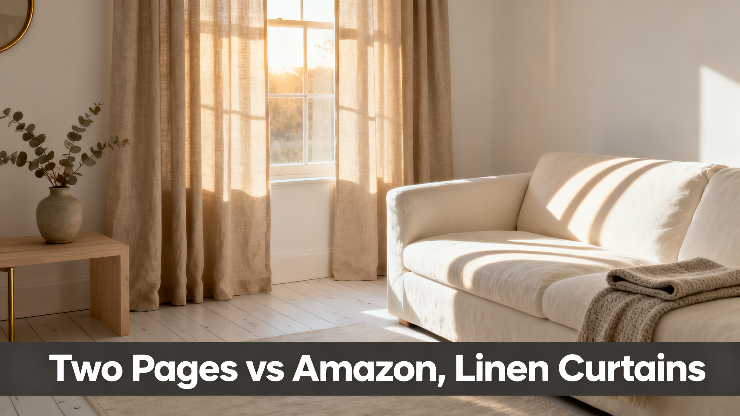 Scandinavian-modern interior at golden hour with window treatment, neutral palette, editorial home photography for Two Pages vs Amazon, Linen Curtains