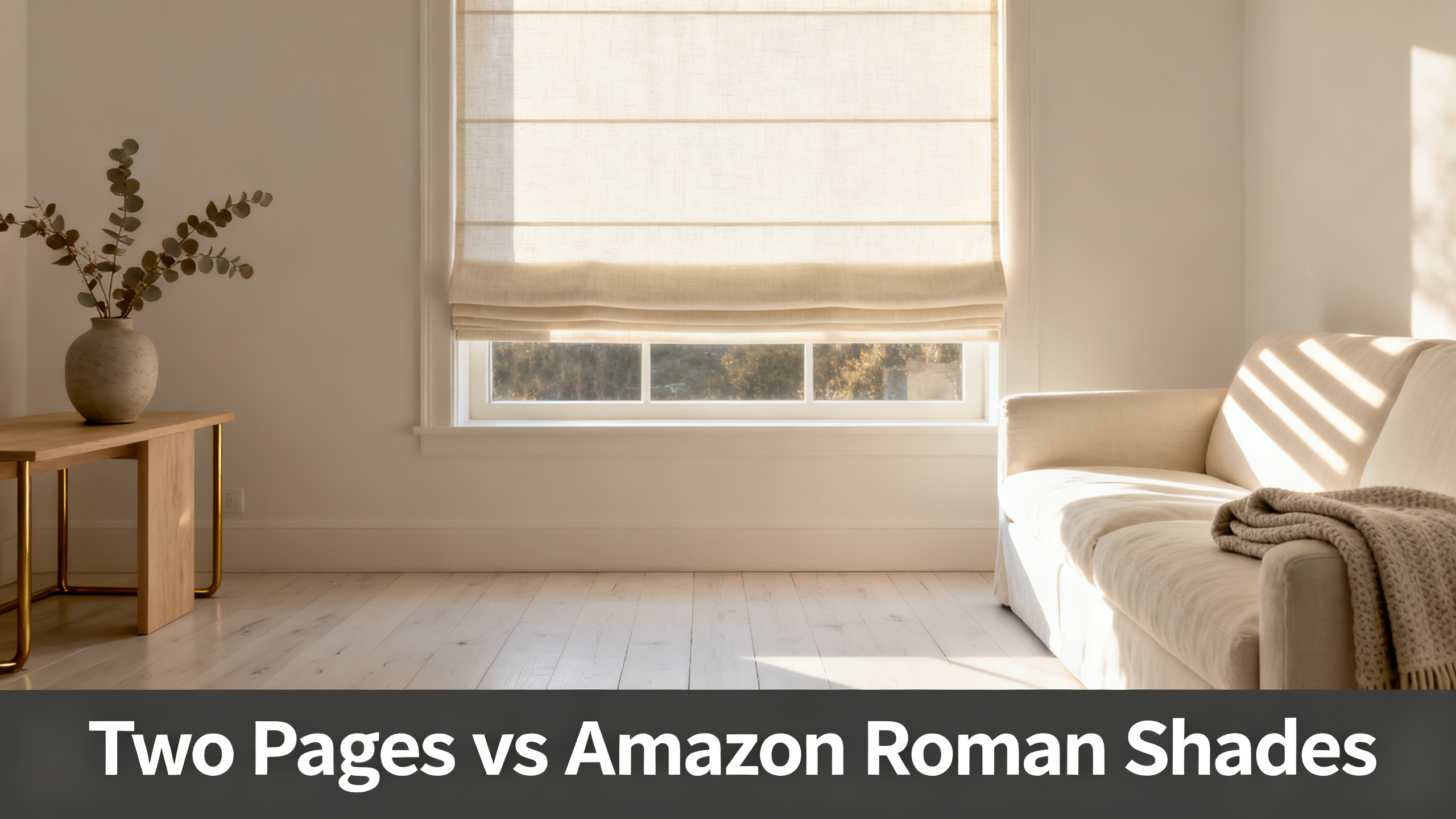 Scandinavian-modern interior at golden hour with window treatment, neutral palette, editorial home photography for Two Pages vs Amazon Roman Shades