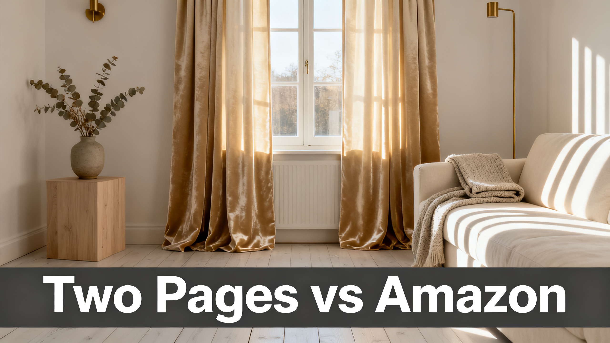 Scandinavian-modern interior at golden hour with window treatment, neutral palette, editorial home photography for Two Pages vs Amazon