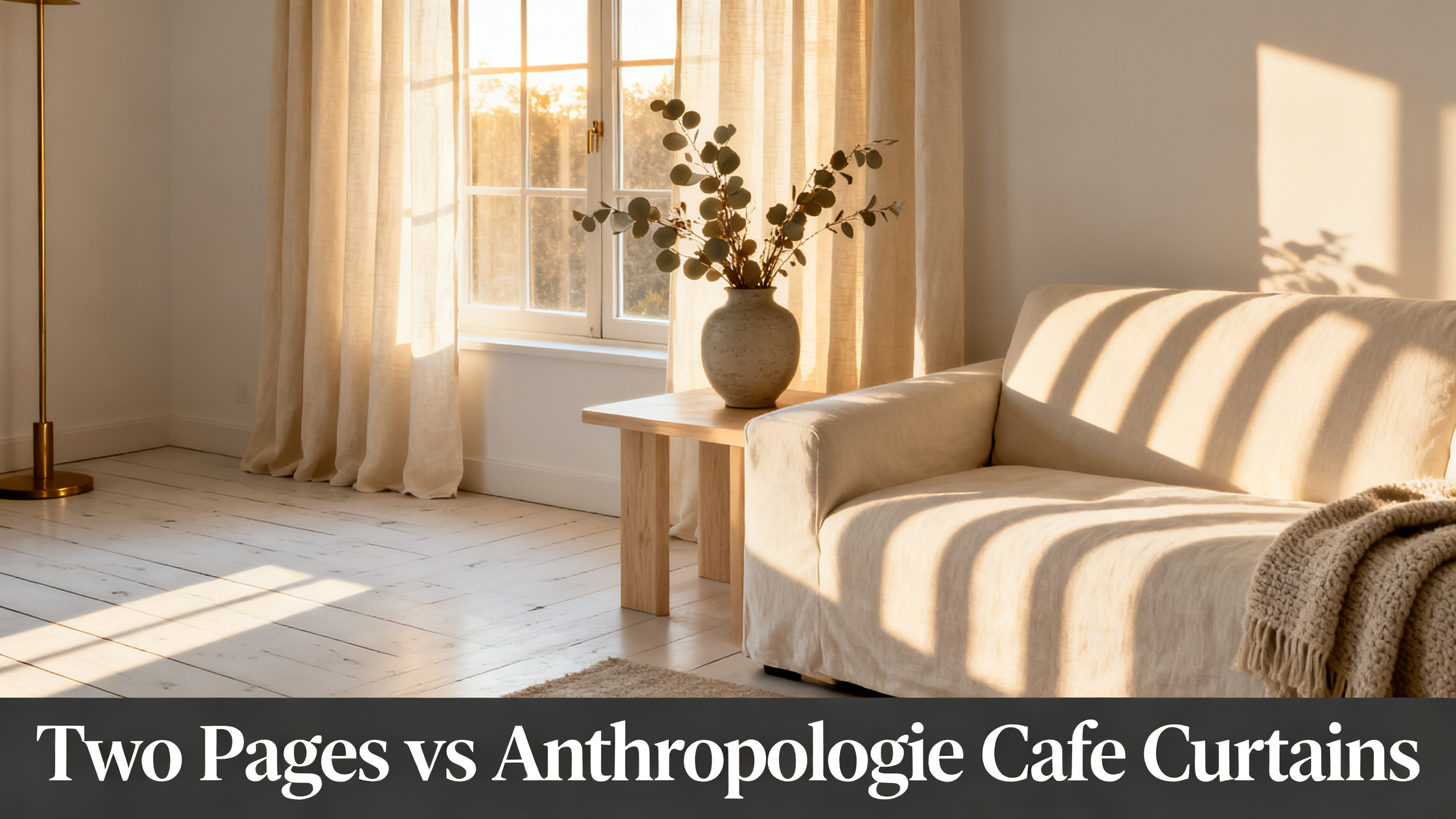 Scandinavian-modern interior at golden hour with window treatment, neutral palette, editorial home photography for Two Pages vs Anthropologie Cafe Curtains