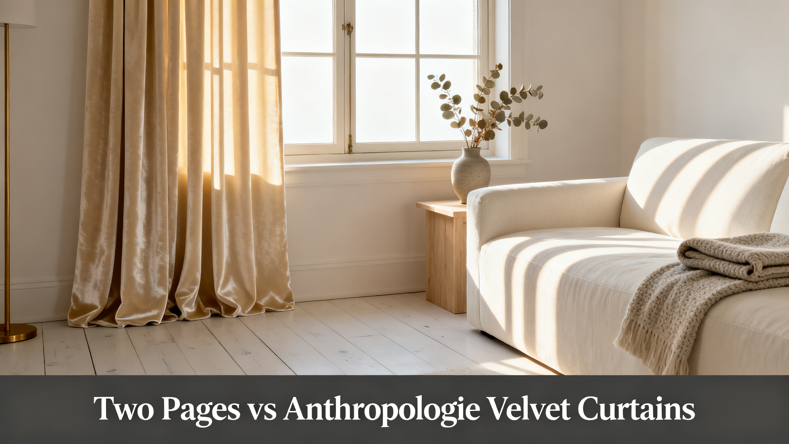 Scandinavian-modern interior at golden hour with window treatment, neutral palette, editorial home photography for Two Pages vs Anthropologie Velvet Curtains