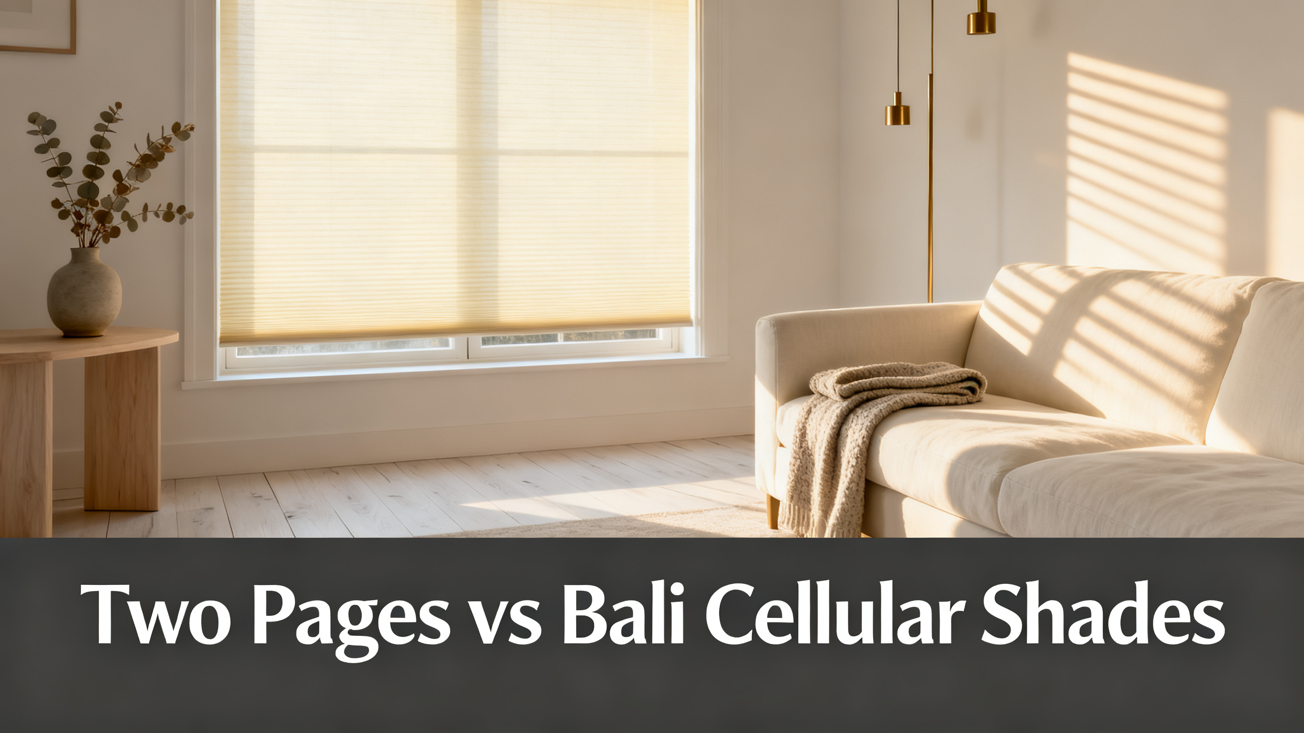 Scandinavian-modern interior at golden hour with window treatment, neutral palette, editorial home photography for Two Pages vs Bali Cellular Shades