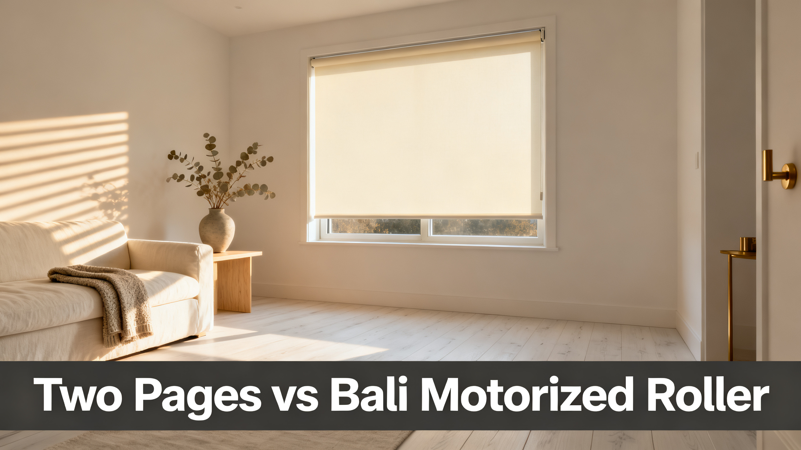 Scandinavian-modern interior at golden hour with window treatment, neutral palette, editorial home photography for Two Pages vs Bali Motorized Roller