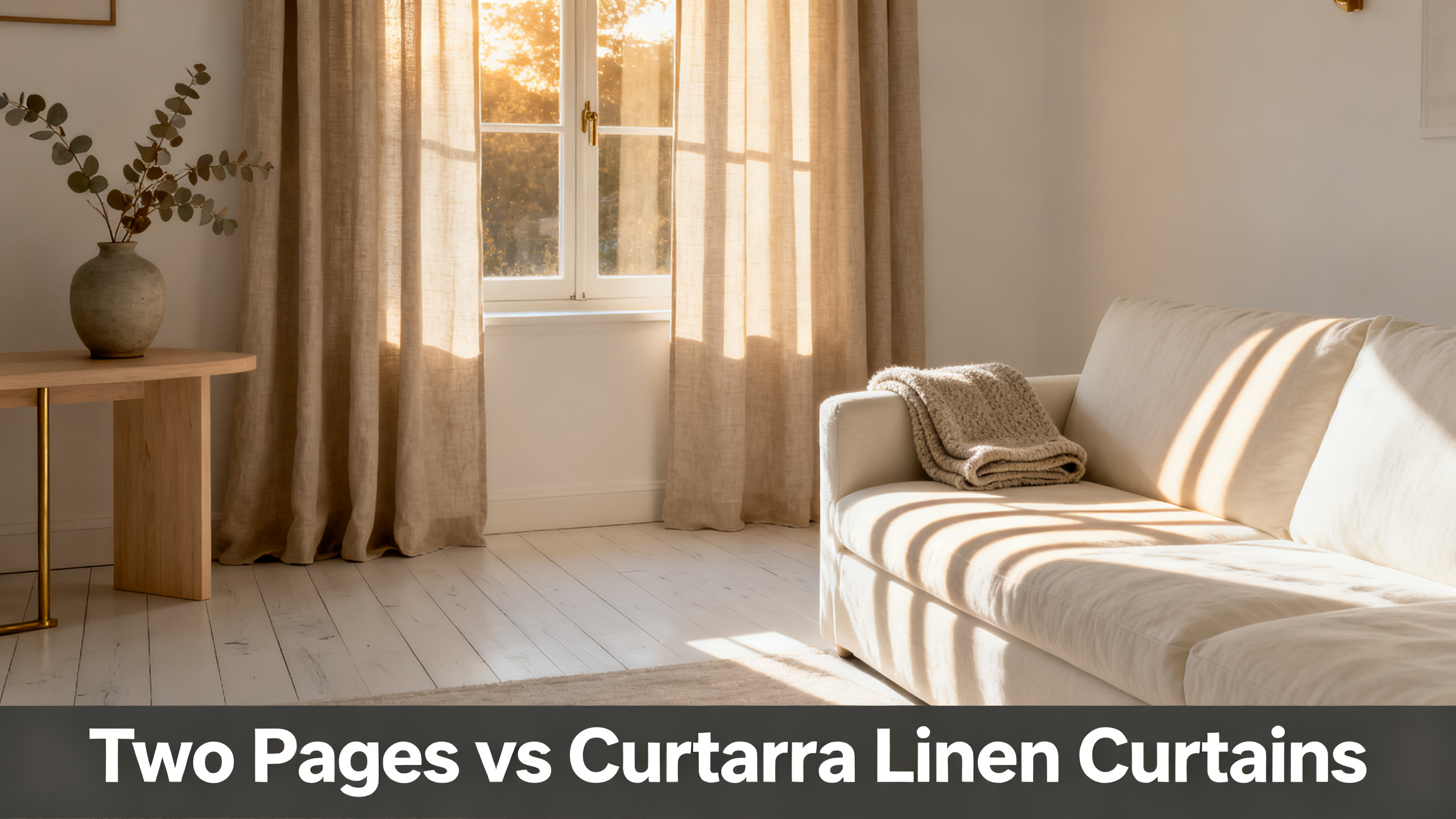 Scandinavian-modern interior at golden hour with window treatment, neutral palette, editorial home photography for Two Pages vs Curtarra Linen Curtains