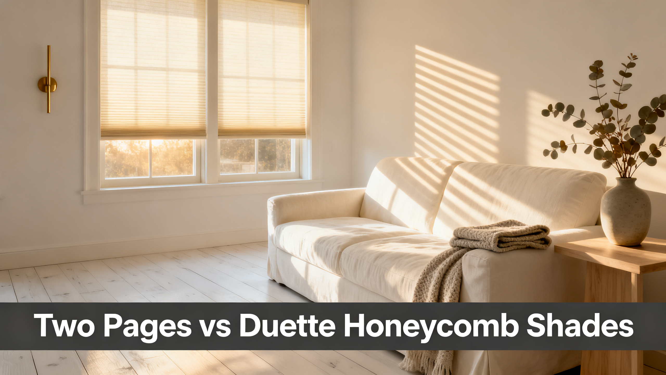 Scandinavian-modern interior at golden hour with window treatment, neutral palette, editorial home photography for Two Pages vs Duette Honeycomb Shades