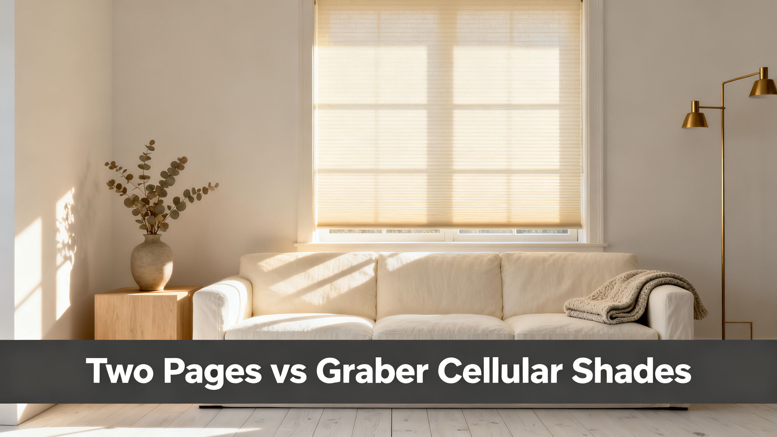 Scandinavian-modern interior at golden hour with window treatment, neutral palette, editorial home photography for Two Pages vs Graber Cellular Shades