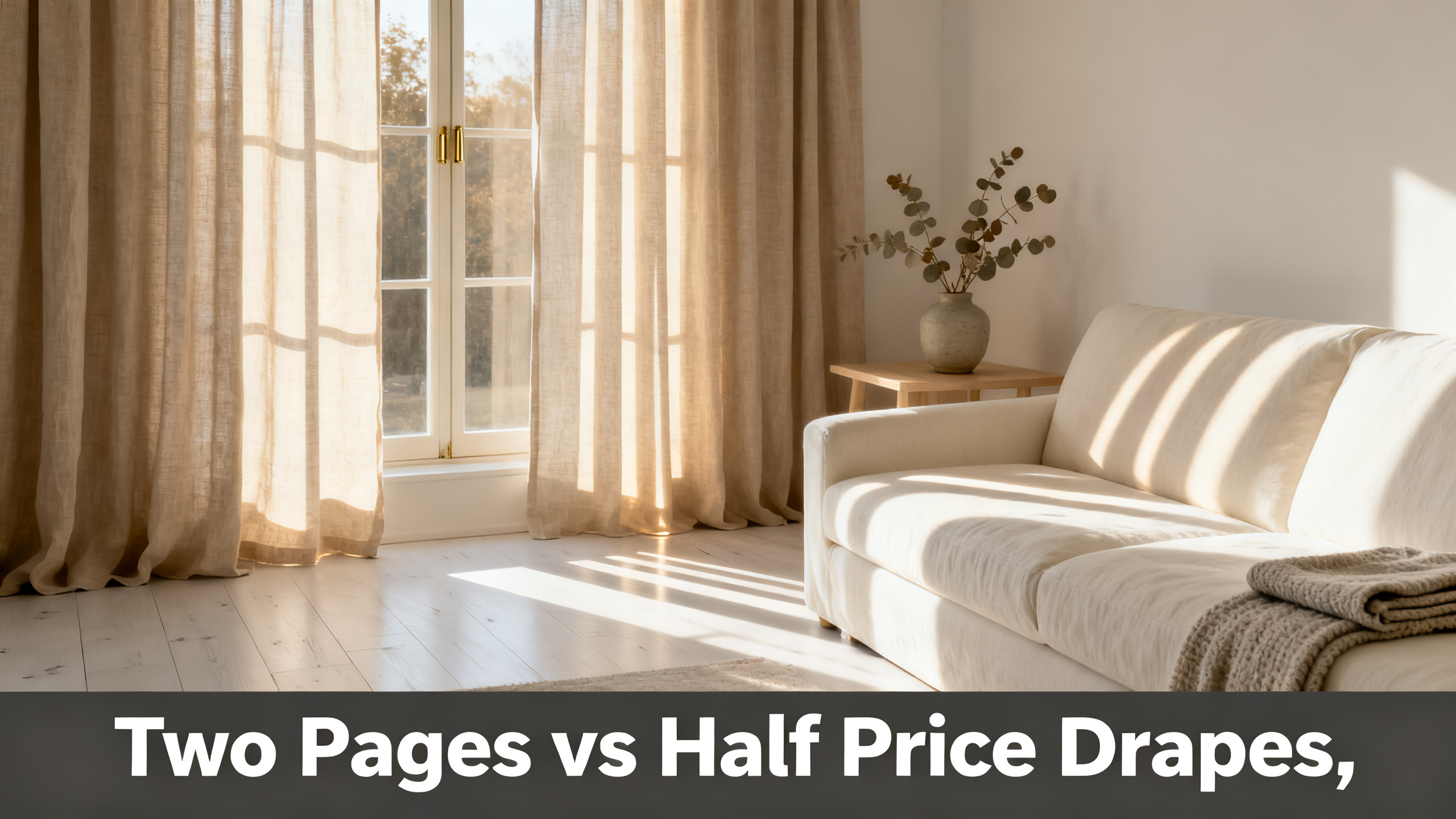 Scandinavian-modern interior at golden hour with window treatment, neutral palette, editorial home photography for Two Pages vs Half Price Drapes,