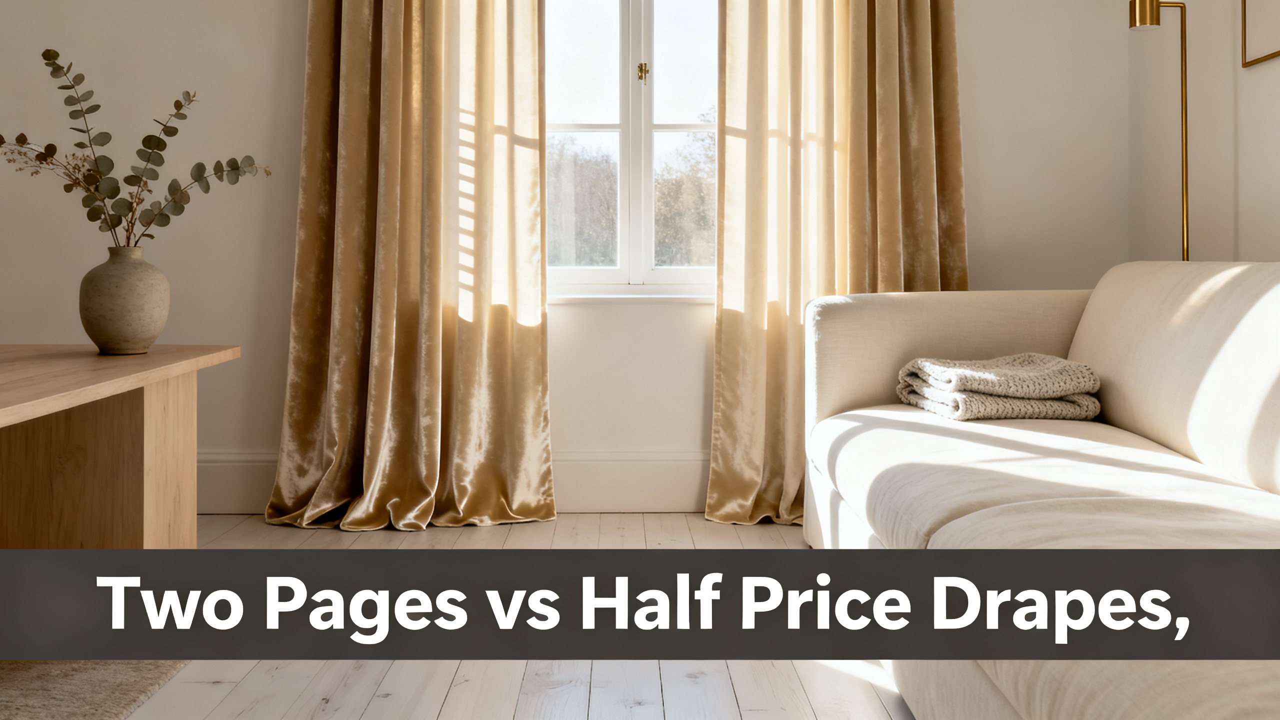 Scandinavian-modern interior at golden hour with window treatment, neutral palette, editorial home photography for Two Pages vs Half Price Drapes,
