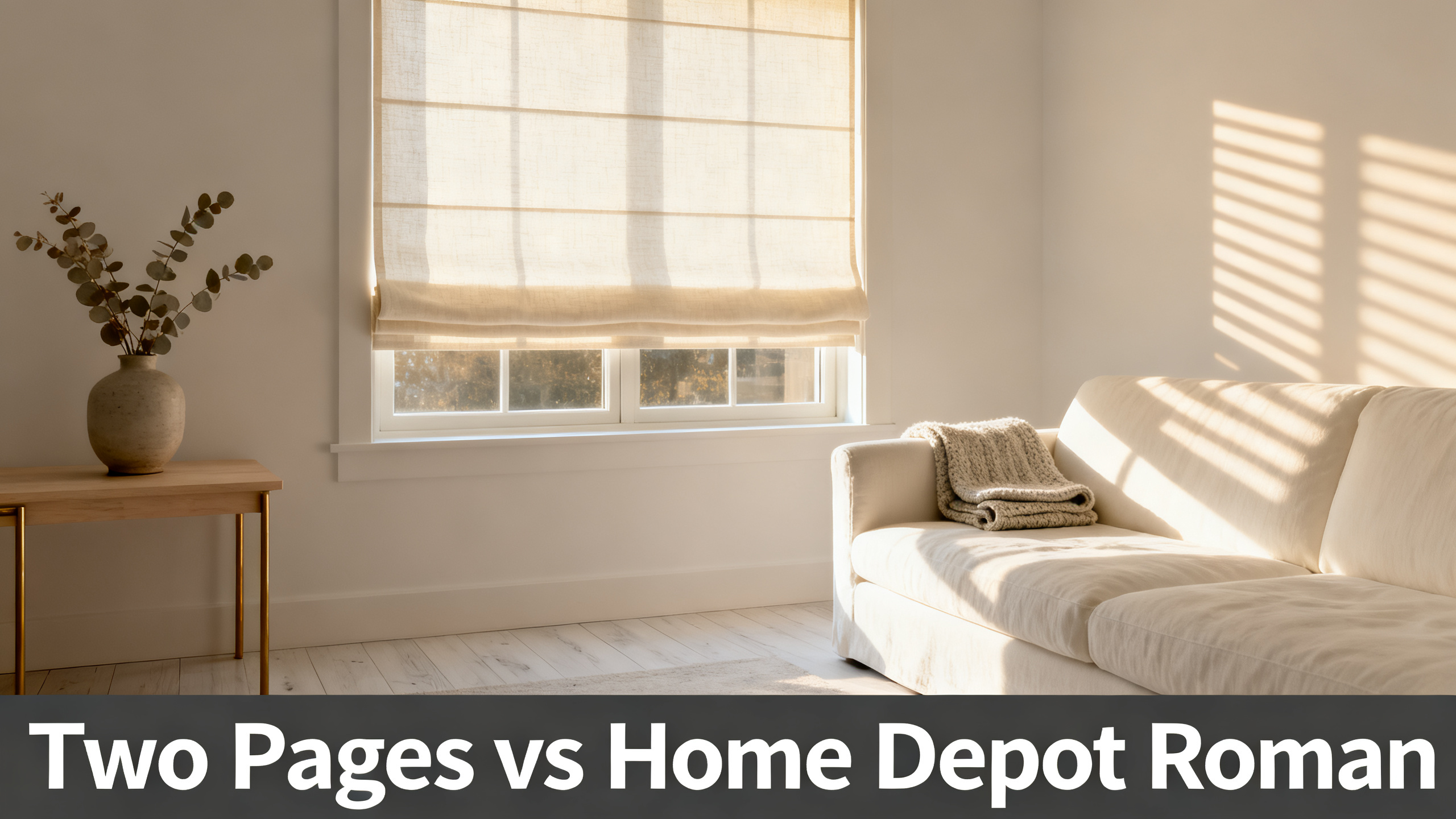 Scandinavian-modern interior at golden hour with window treatment, neutral palette, editorial home photography for Two Pages vs Home Depot Roman
