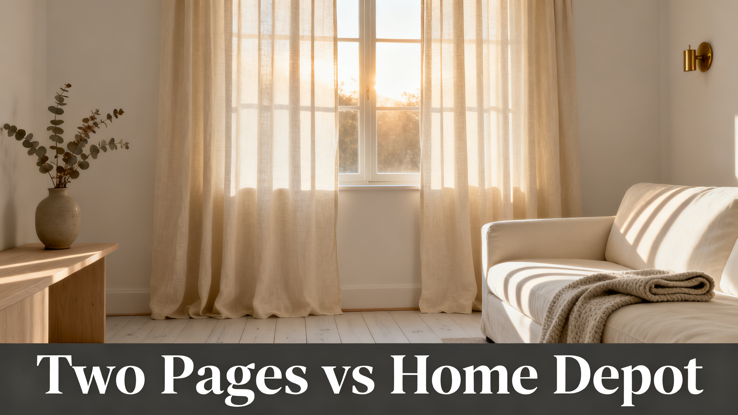 Scandinavian-modern interior at golden hour with window treatment, neutral palette, editorial home photography for Two Pages vs Home Depot