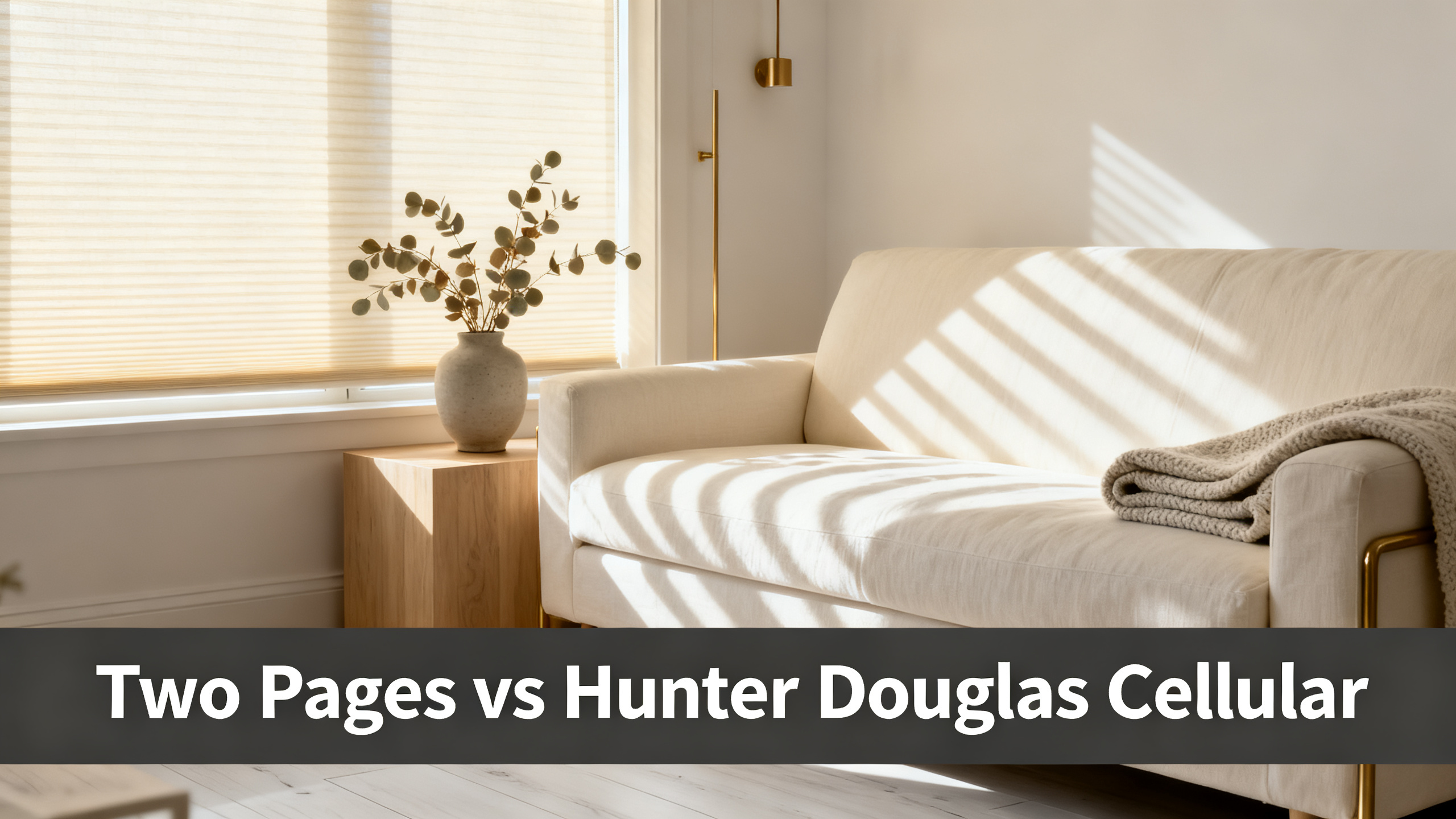Scandinavian-modern interior at golden hour with window treatment, neutral palette, editorial home photography for Two Pages vs Hunter Douglas Cellular