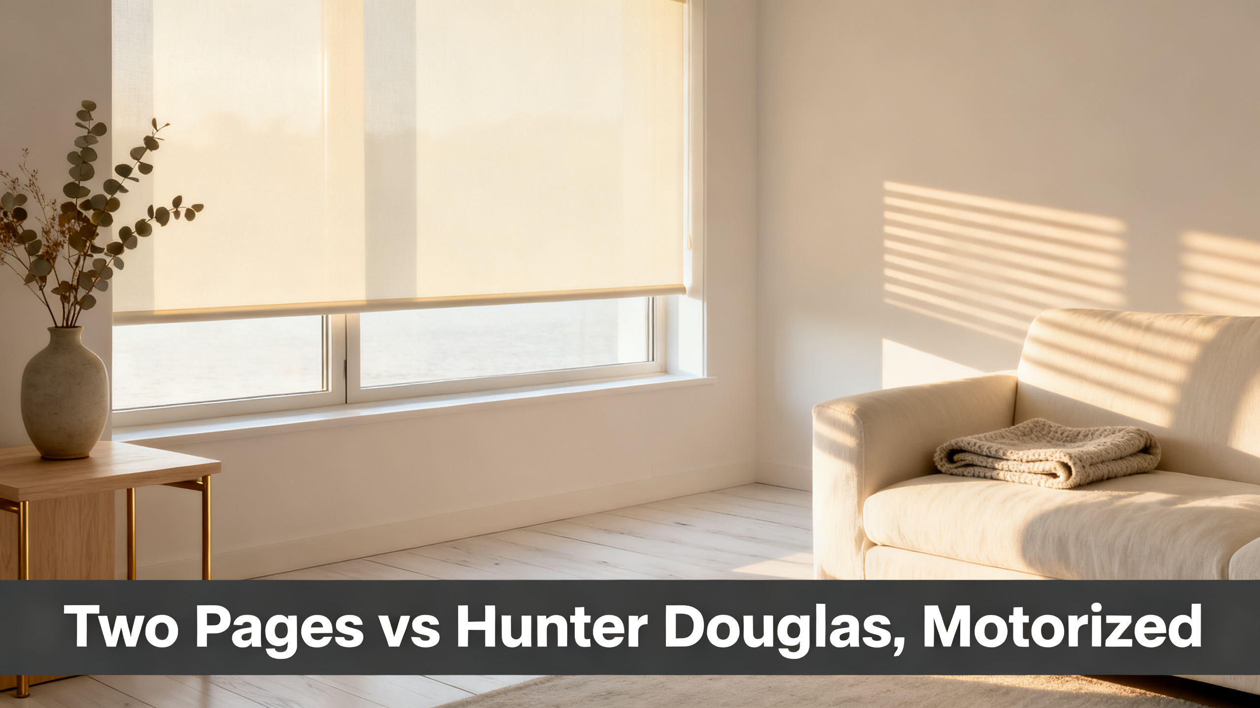Scandinavian-modern interior at golden hour with window treatment, neutral palette, editorial home photography for Two Pages vs Hunter Douglas, Motorized