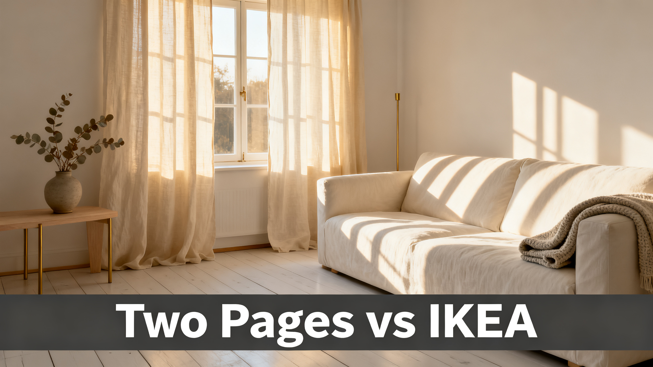 Scandinavian-modern interior at golden hour with window treatment, neutral palette, editorial home photography for Two Pages vs IKEA
