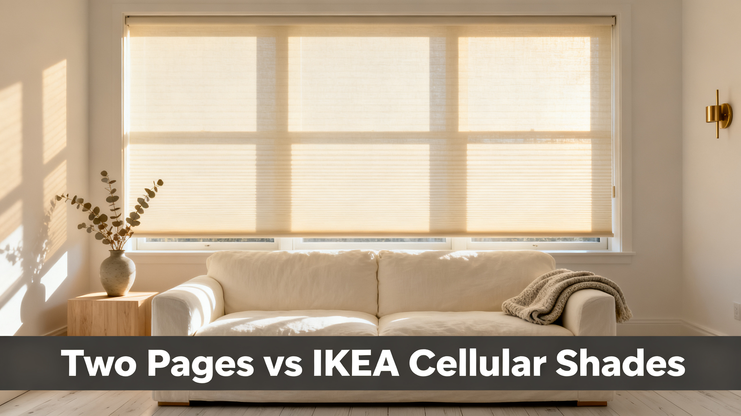 Scandinavian-modern interior at golden hour with window treatment, neutral palette, editorial home photography for Two Pages vs IKEA Cellular Shades
