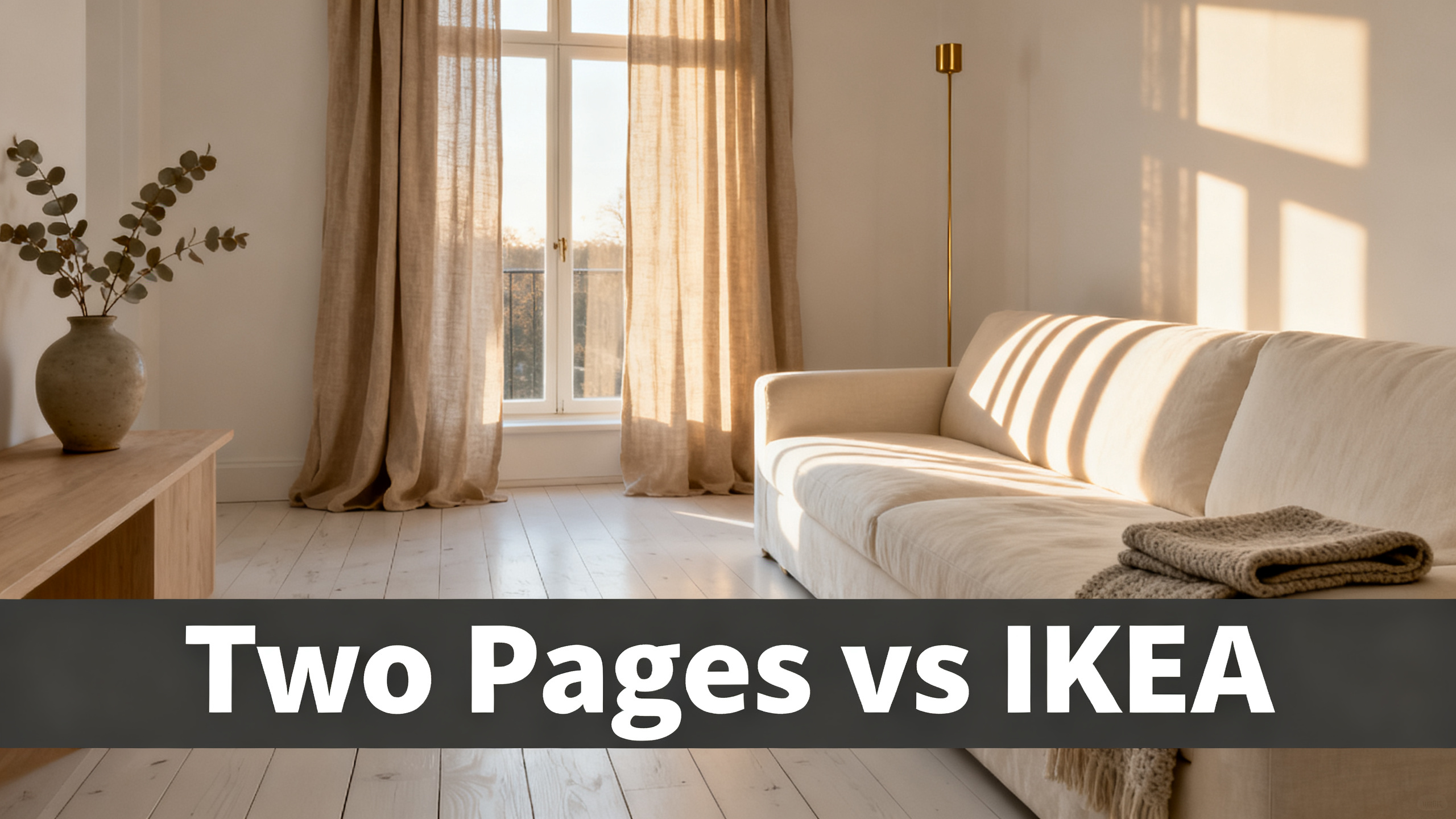 Scandinavian-modern interior at golden hour with window treatment, neutral palette, editorial home photography for Two Pages vs IKEA