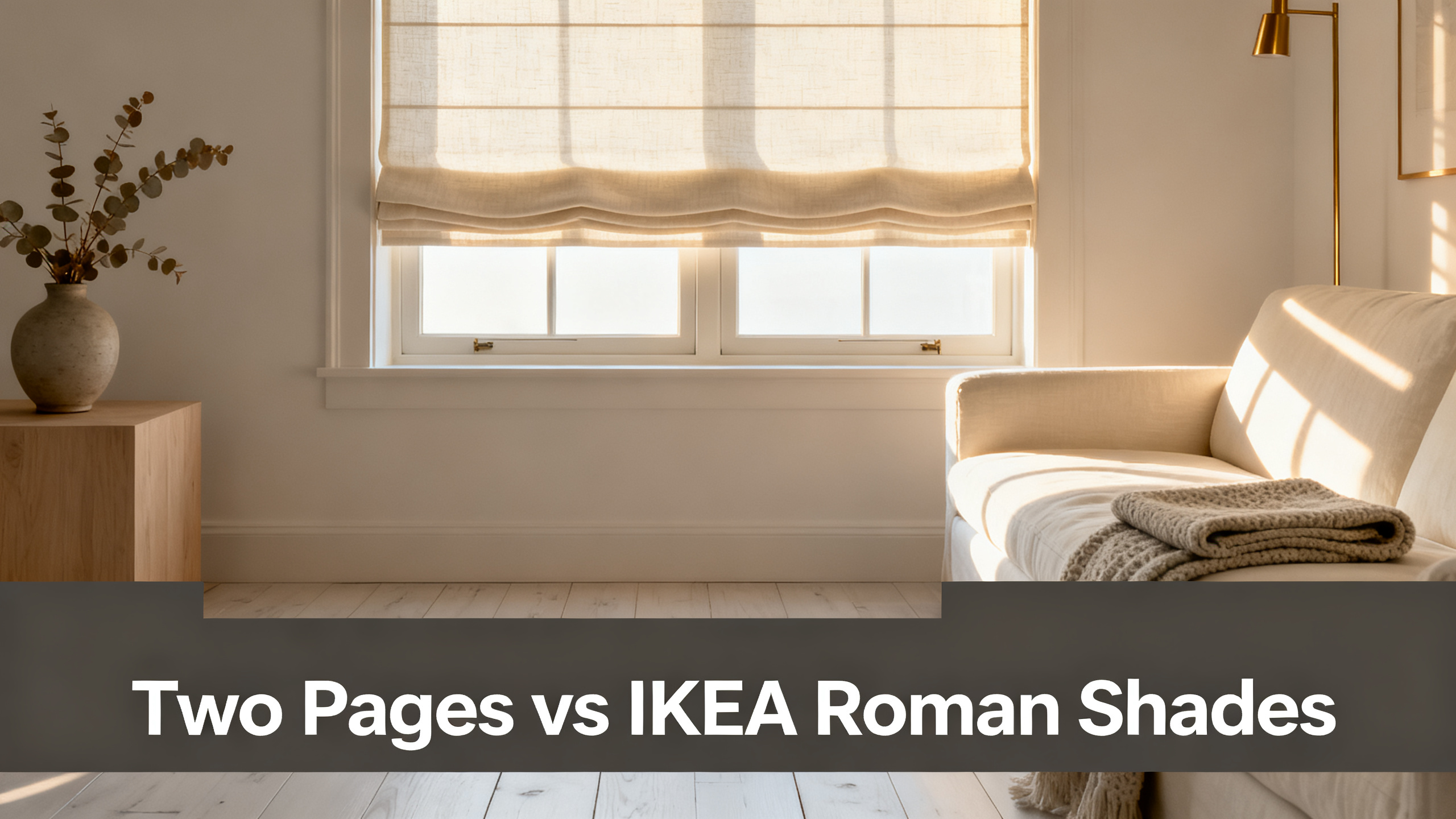 Scandinavian-modern interior at golden hour with window treatment, neutral palette, editorial home photography for Two Pages vs IKEA Roman Shades
