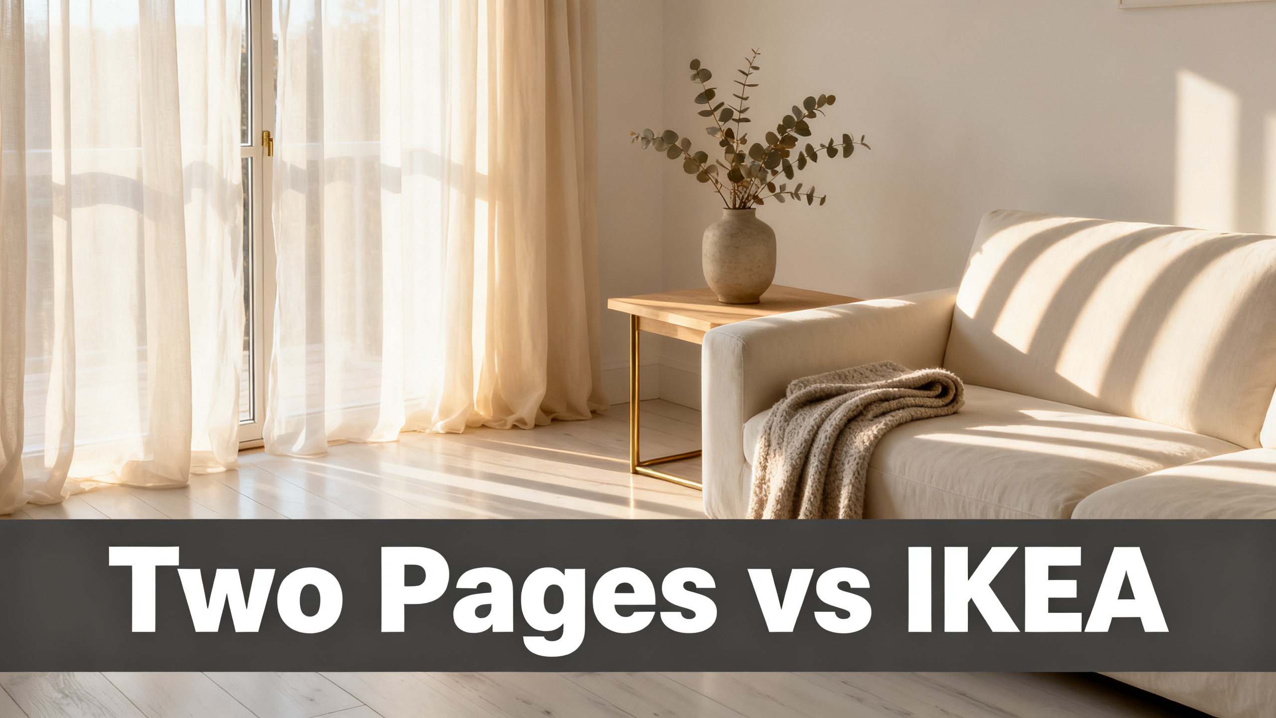 Scandinavian-modern interior at golden hour with window treatment, neutral palette, editorial home photography for Two Pages vs IKEA