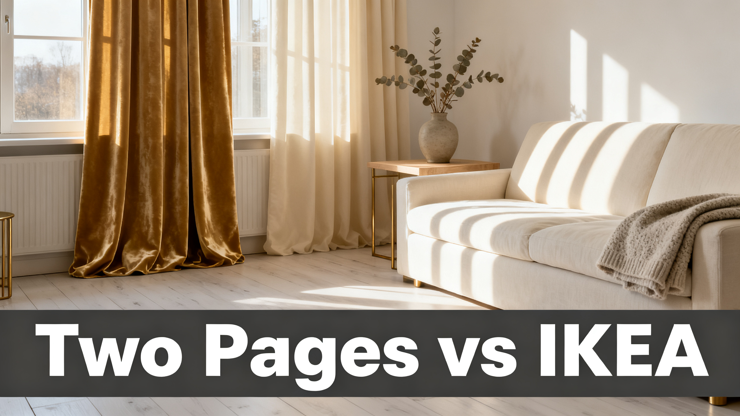 Scandinavian-modern interior at golden hour with window treatment, neutral palette, editorial home photography for Two Pages vs IKEA