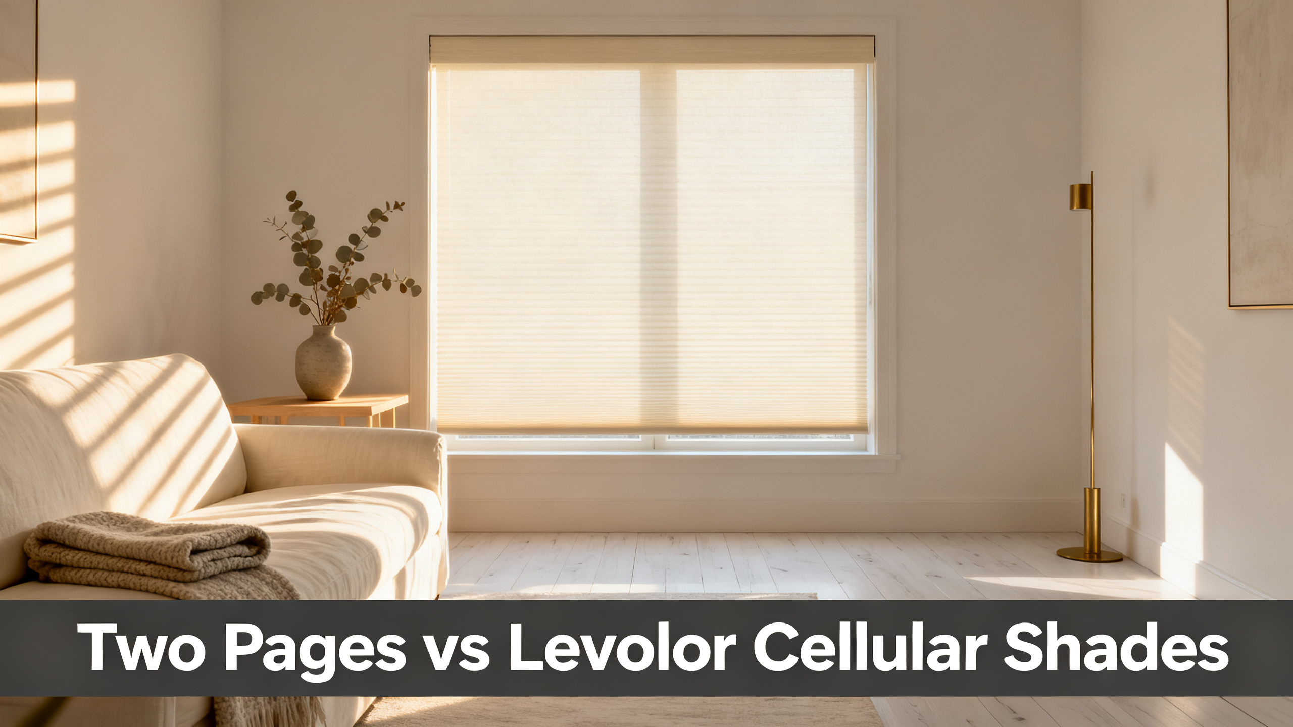Scandinavian-modern interior at golden hour with window treatment, neutral palette, editorial home photography for Two Pages vs Levolor Cellular Shades