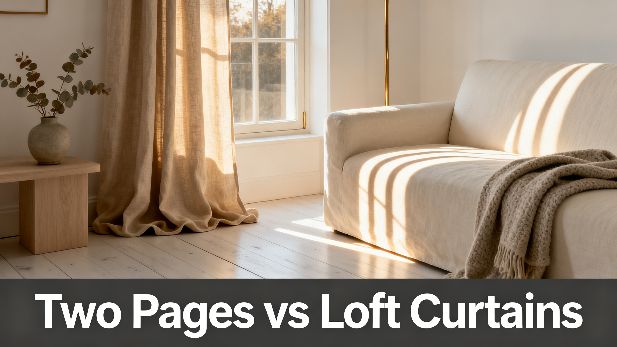 Scandinavian-modern interior at golden hour with window treatment, neutral palette, editorial home photography for Two Pages vs Loft Curtains