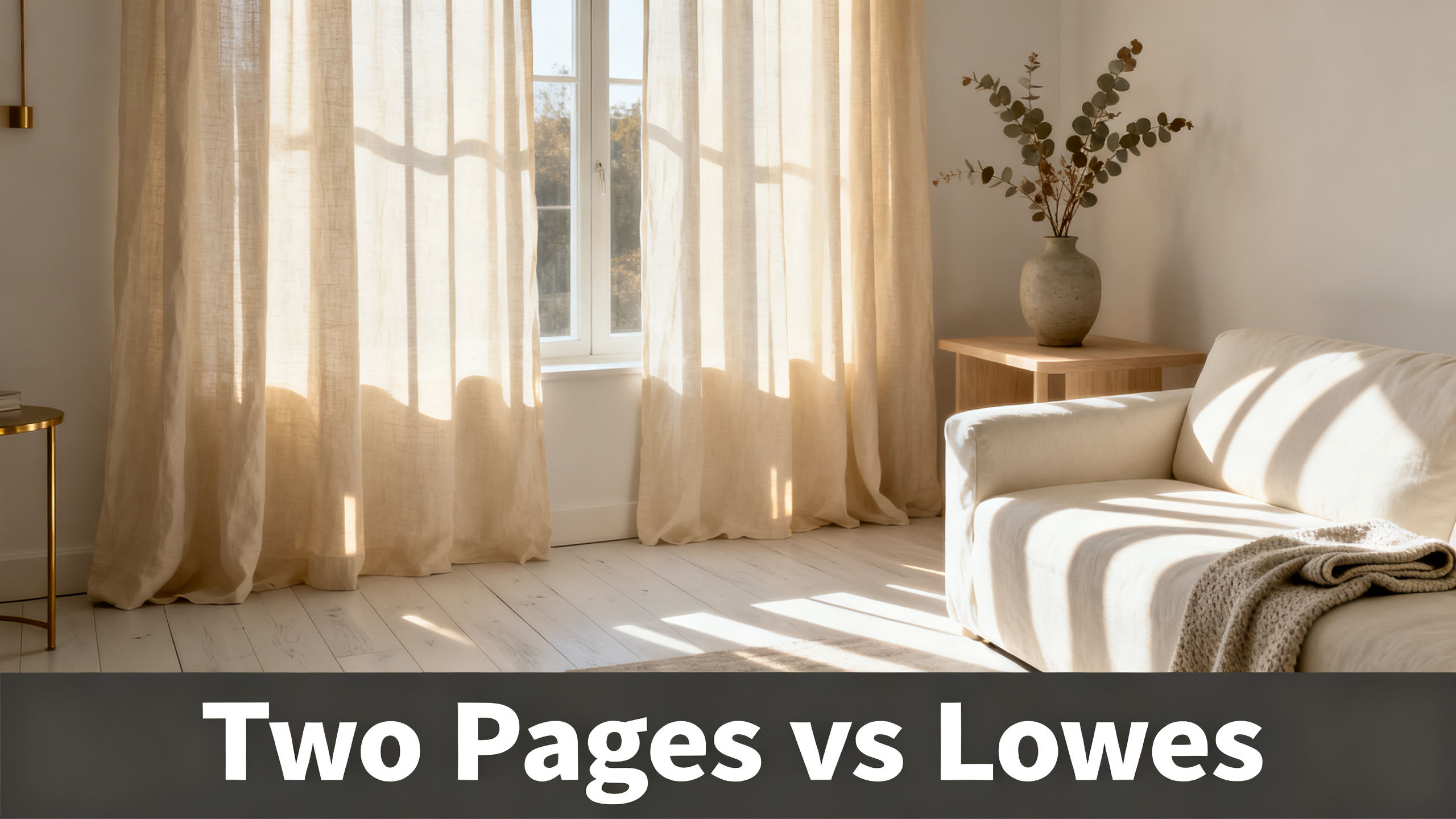 Scandinavian-modern interior at golden hour with window treatment, neutral palette, editorial home photography for Two Pages vs Lowes