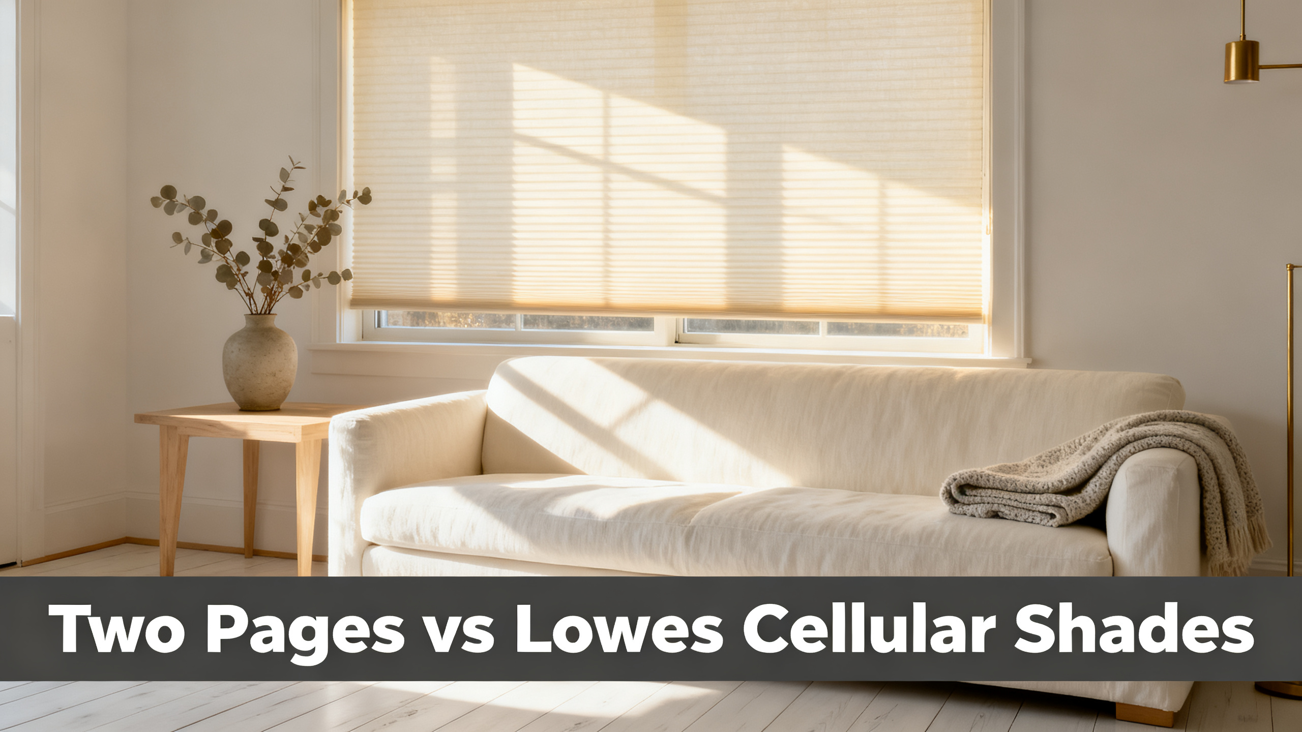 Scandinavian-modern interior at golden hour with window treatment, neutral palette, editorial home photography for Two Pages vs Lowes Cellular Shades
