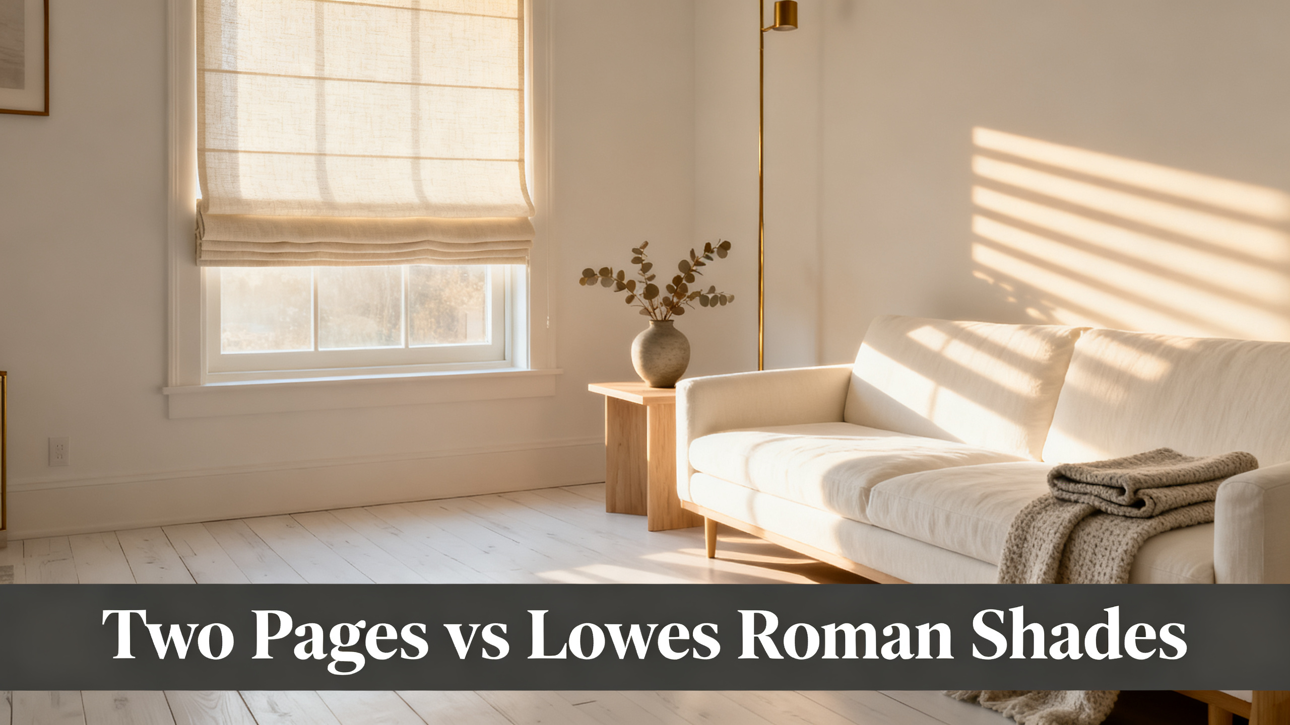 Scandinavian-modern interior at golden hour with window treatment, neutral palette, editorial home photography for Two Pages vs Lowes Roman Shades