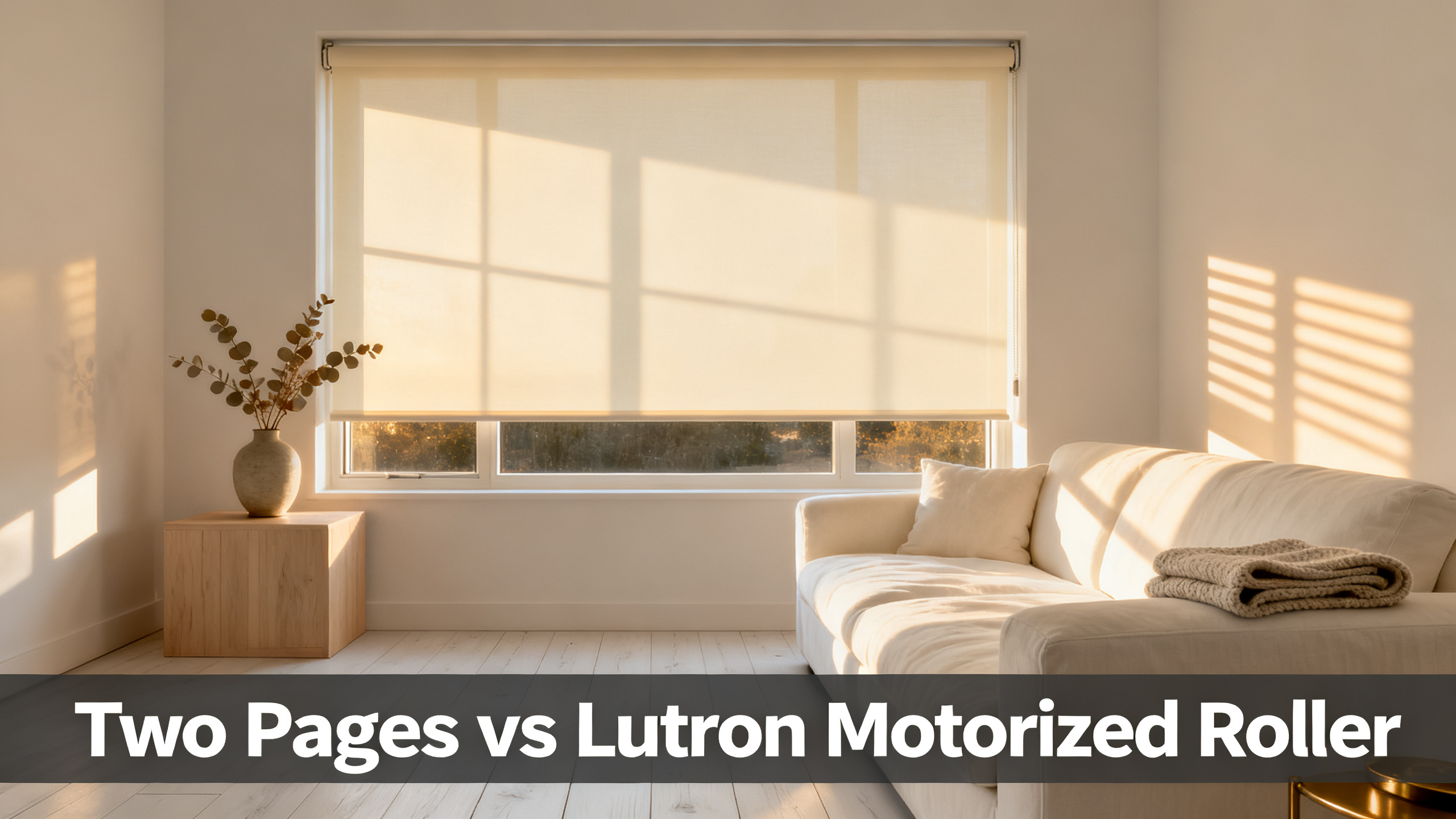 Scandinavian-modern interior at golden hour with window treatment, neutral palette, editorial home photography for Two Pages vs Lutron Motorized Roller