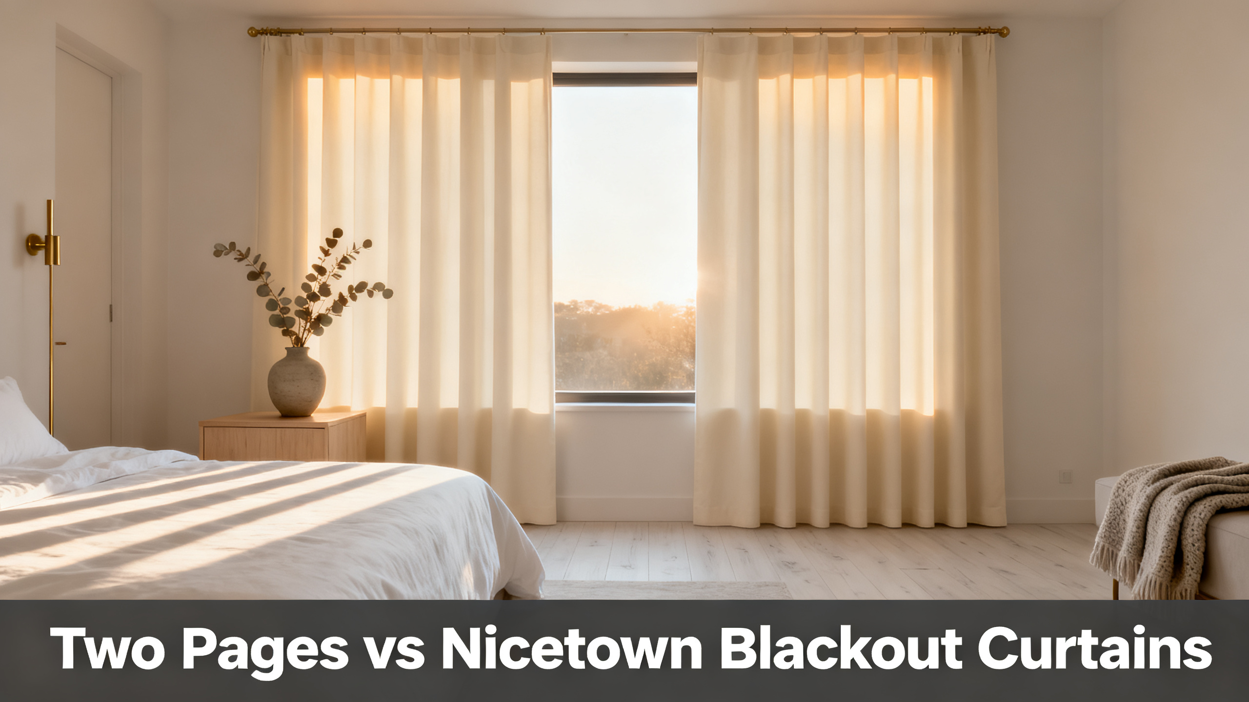 Scandinavian-modern interior at golden hour with window treatment, neutral palette, editorial home photography for Two Pages vs Nicetown Blackout Curtains