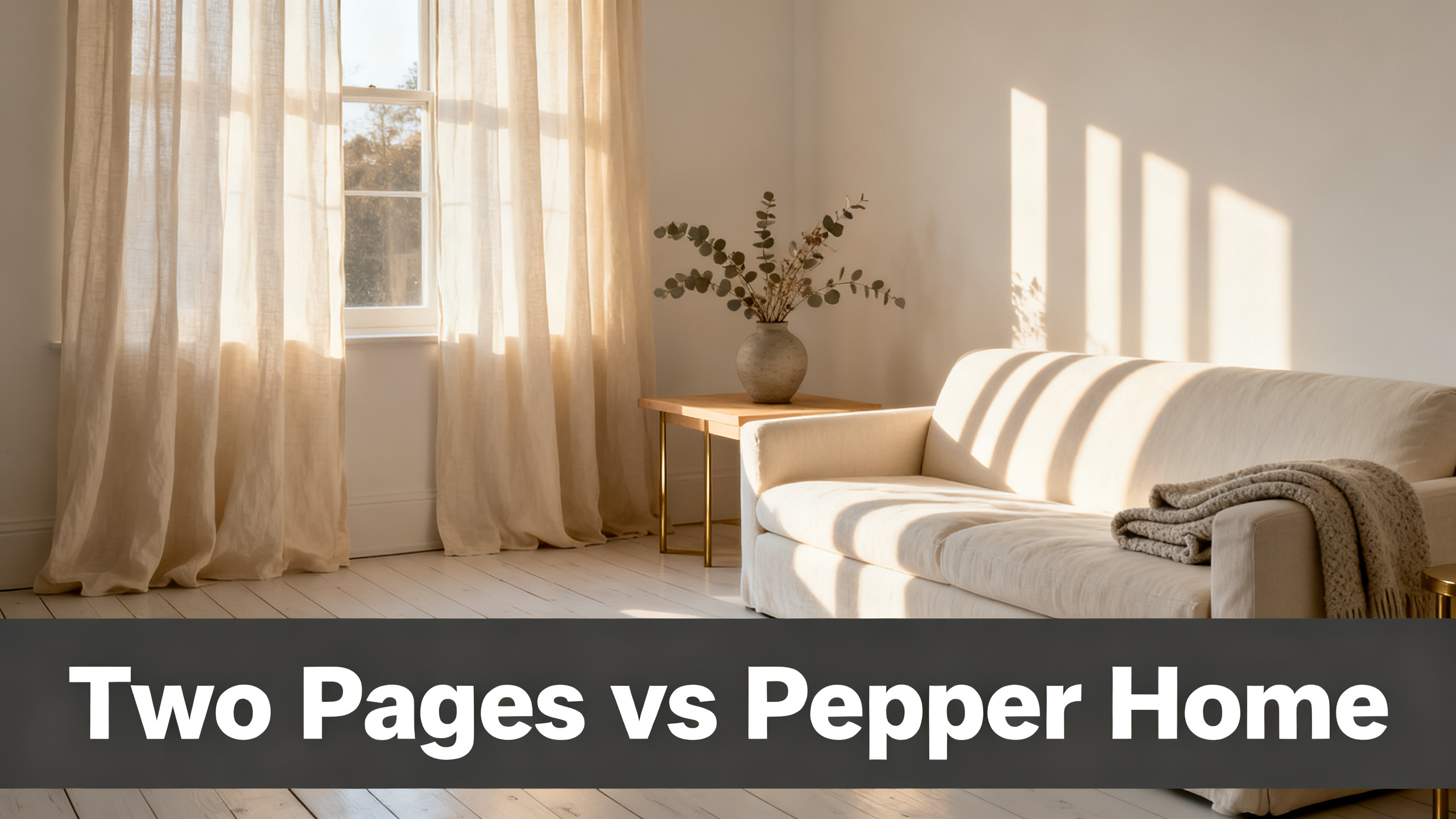 Scandinavian-modern interior at golden hour with window treatment, neutral palette, editorial home photography for Two Pages vs Pepper Home