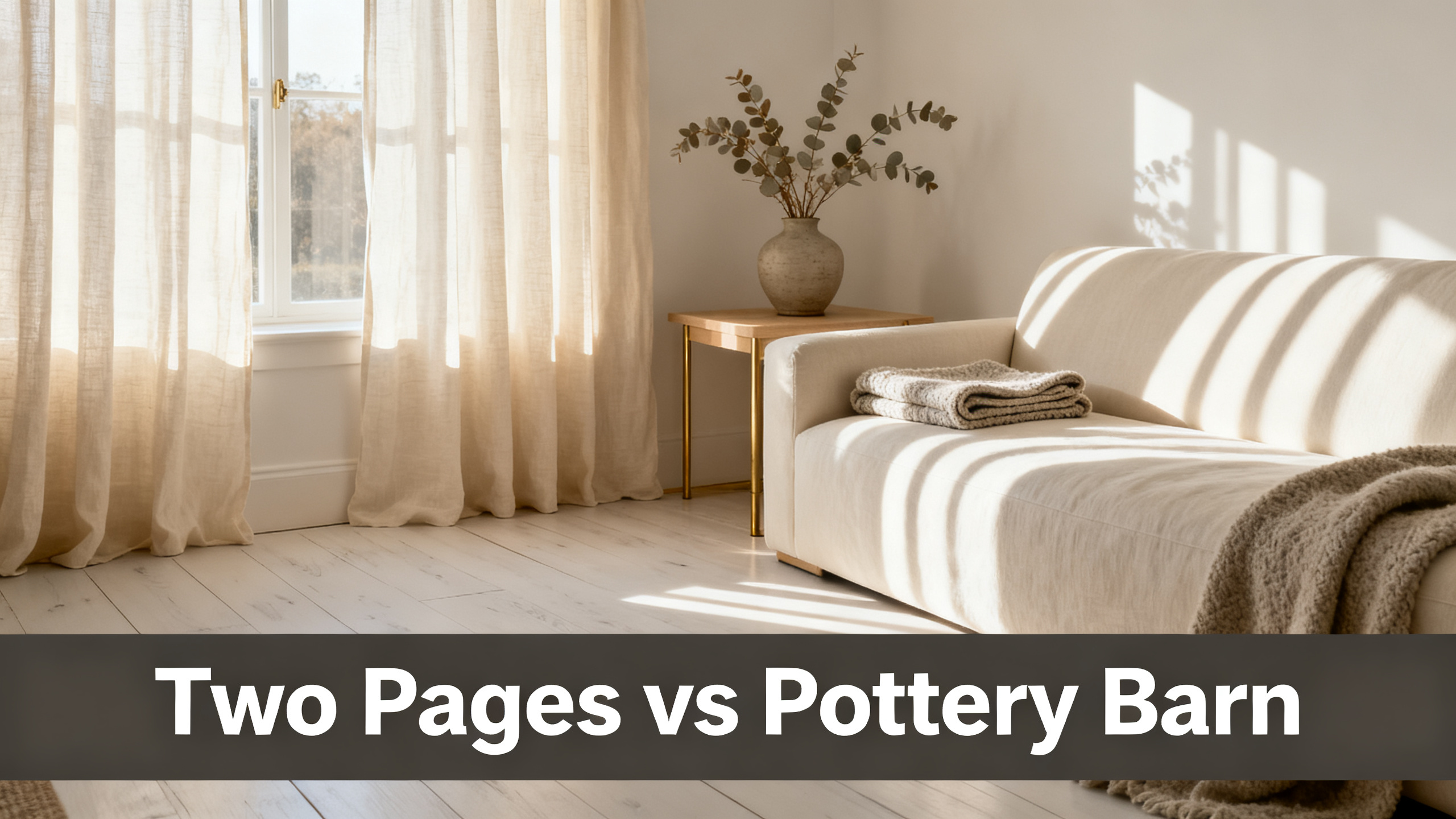 Scandinavian-modern interior at golden hour with window treatment, neutral palette, editorial home photography for Two Pages vs Pottery Barn
