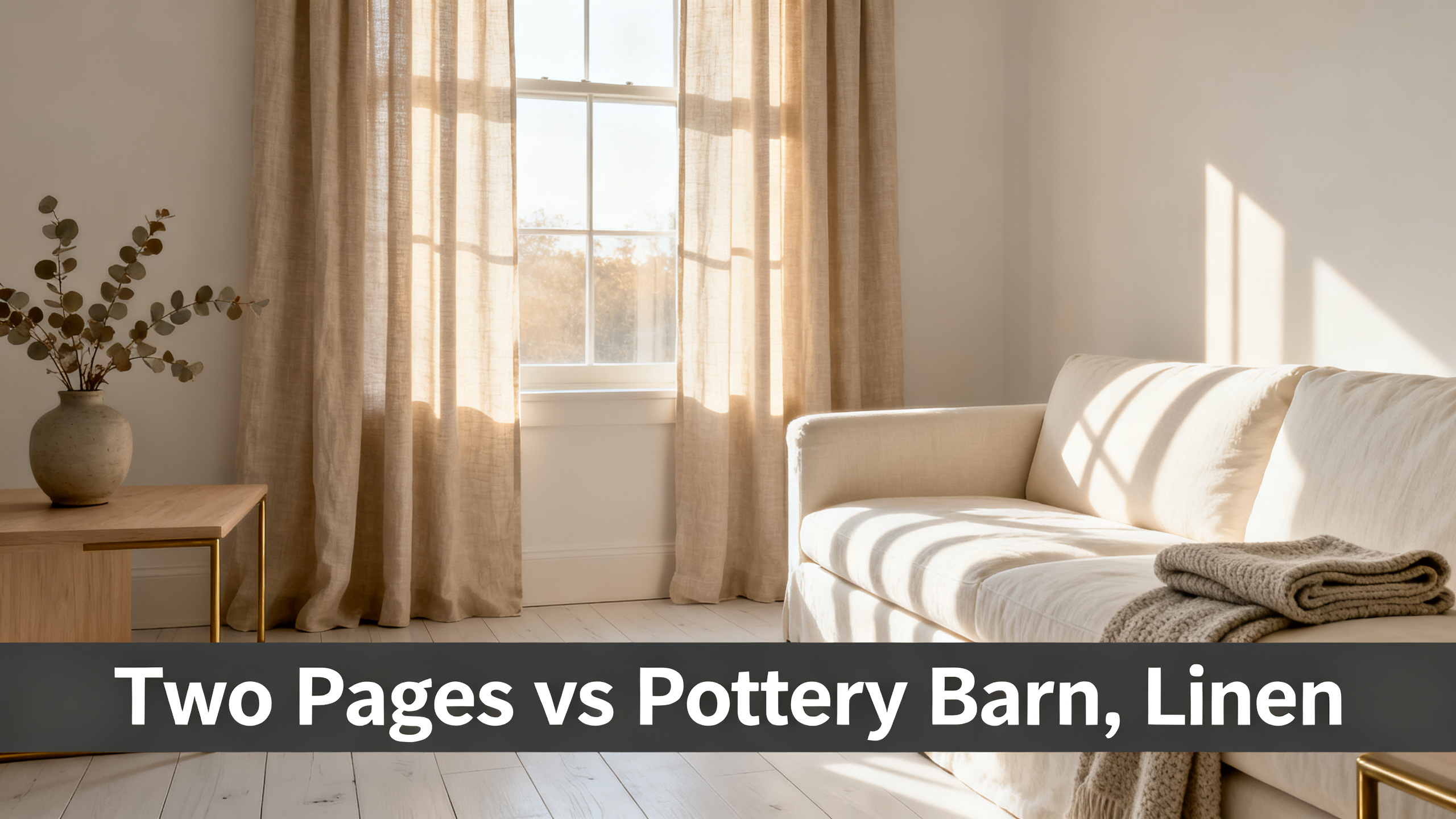 Scandinavian-modern interior at golden hour with window treatment, neutral palette, editorial home photography for Two Pages vs Pottery Barn, Linen