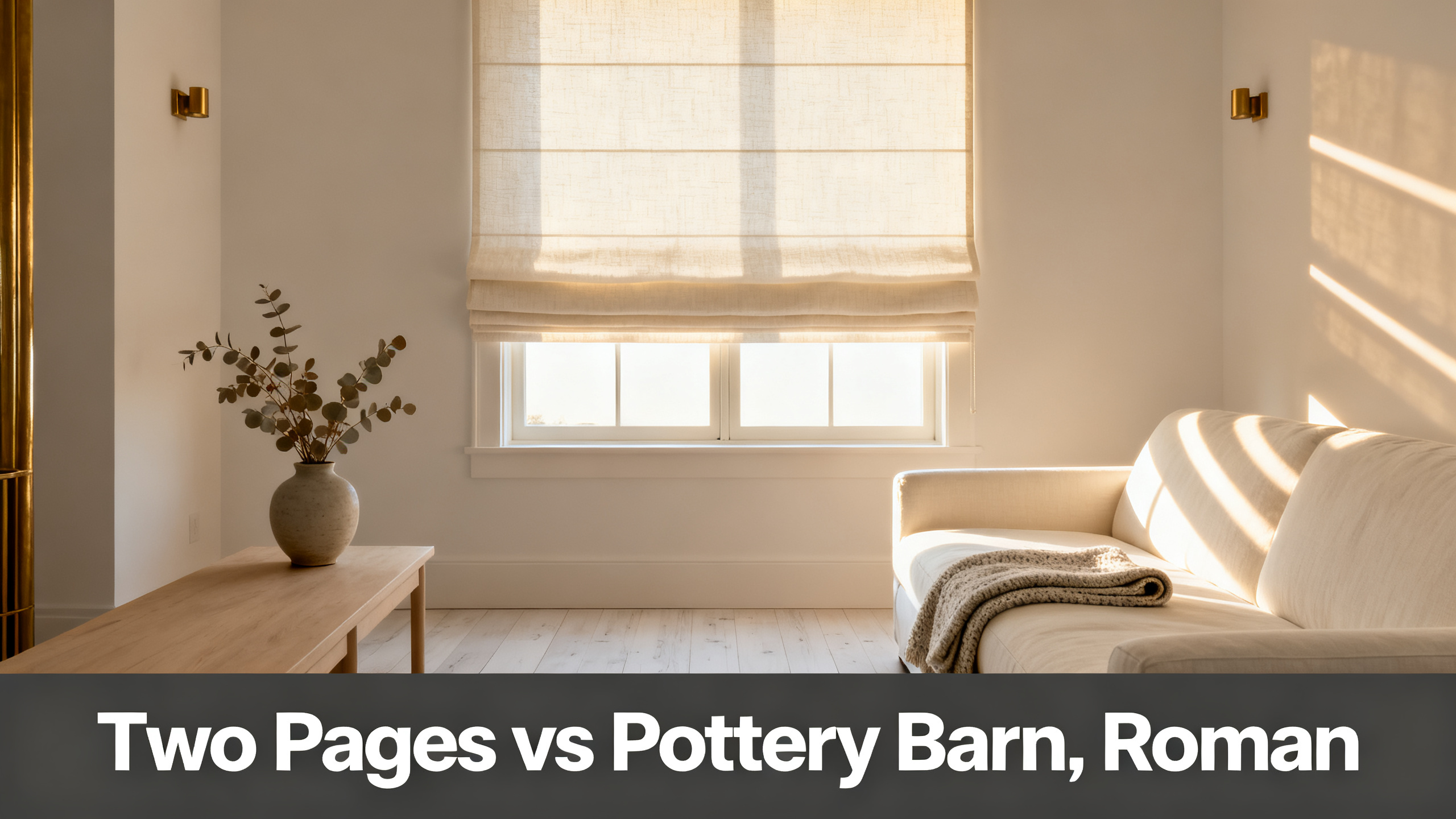 Scandinavian-modern interior at golden hour with window treatment, neutral palette, editorial home photography for Two Pages vs Pottery Barn, Roman