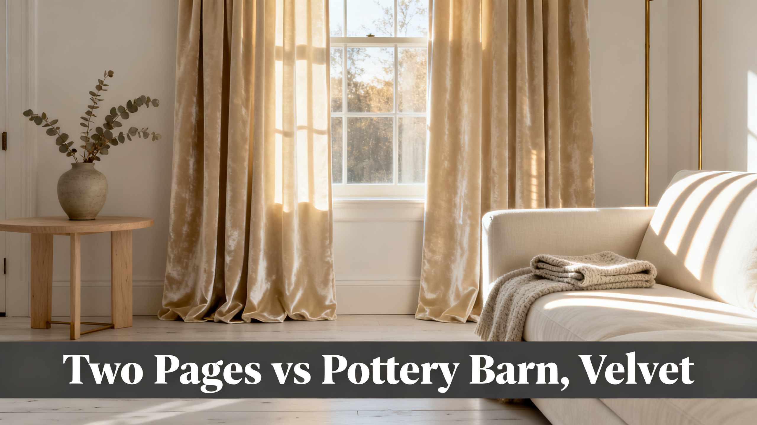 Scandinavian-modern interior at golden hour with window treatment, neutral palette, editorial home photography for Two Pages vs Pottery Barn, Velvet