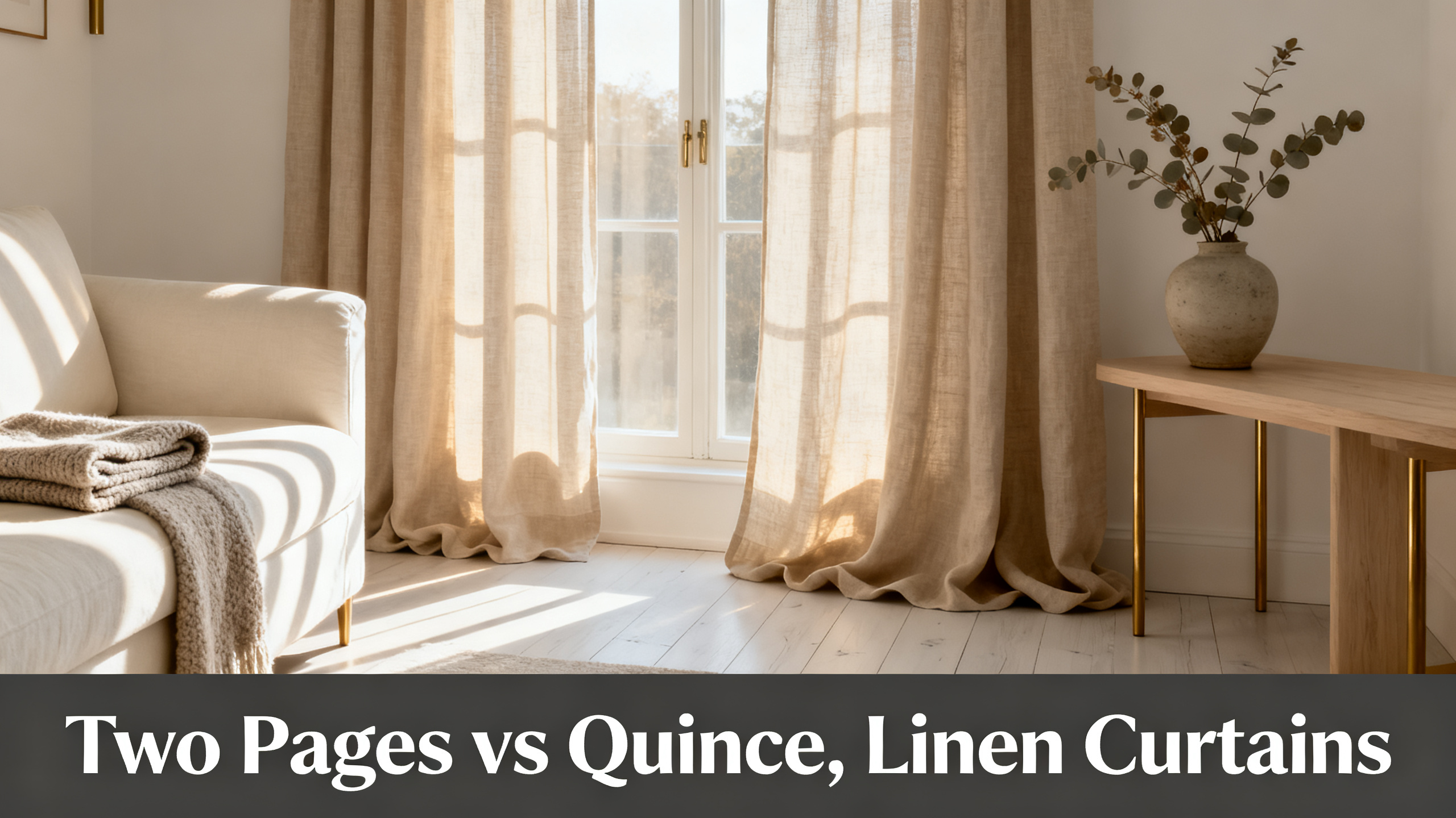 Scandinavian-modern interior at golden hour with window treatment, neutral palette, editorial home photography for Two Pages vs Quince, Linen Curtains