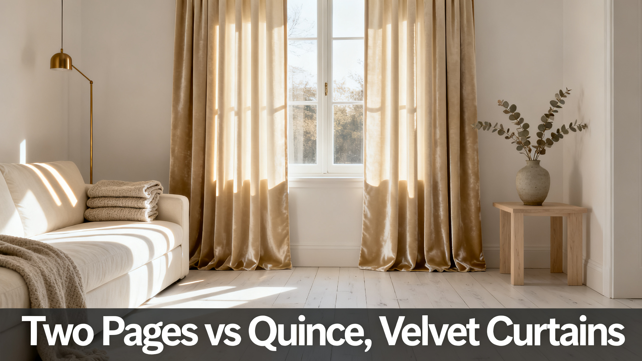 Scandinavian-modern interior at golden hour with window treatment, neutral palette, editorial home photography for Two Pages vs Quince, Velvet Curtains