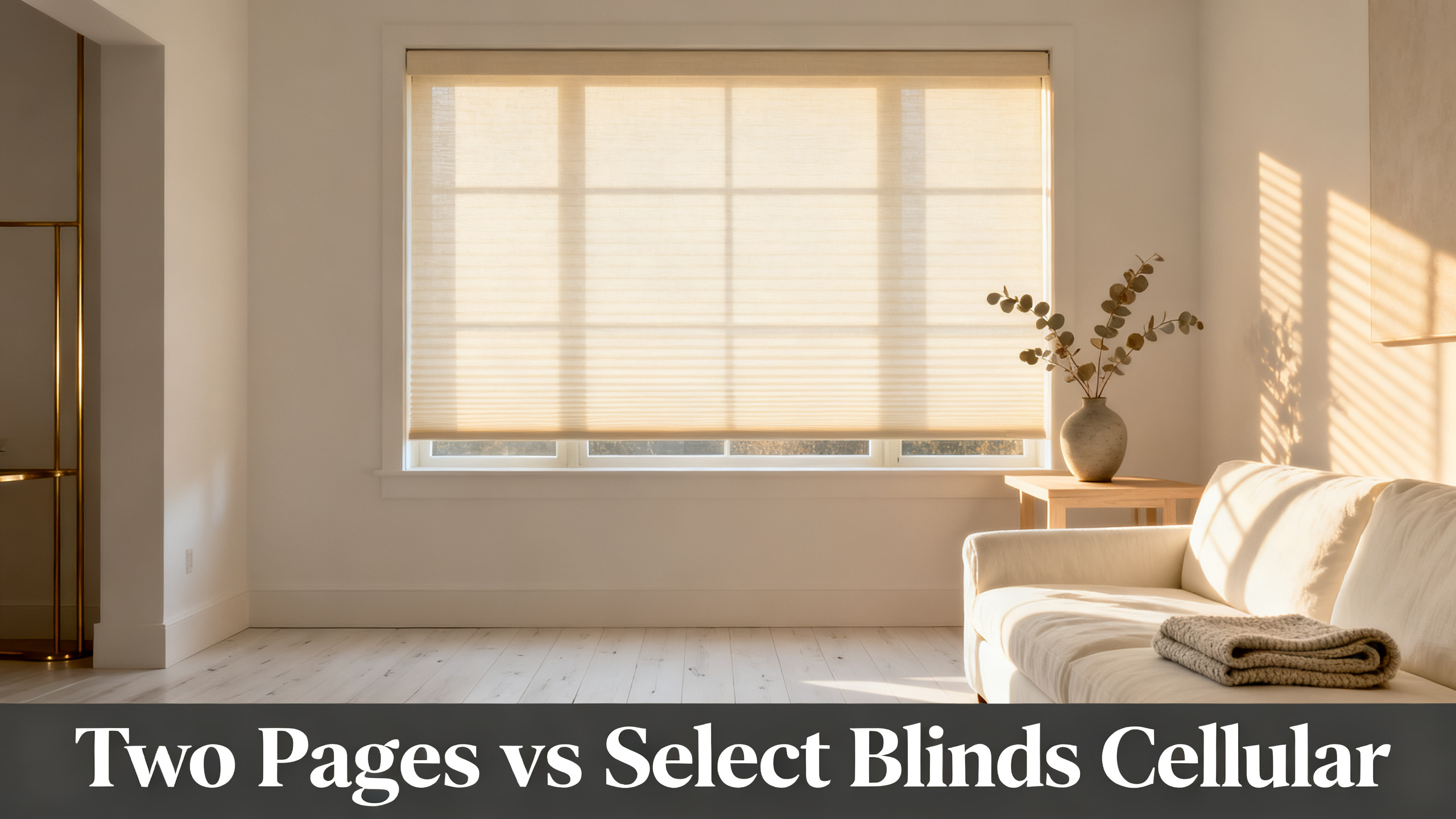 Scandinavian-modern interior at golden hour with window treatment, neutral palette, editorial home photography for Two Pages vs Select Blinds Cellular
