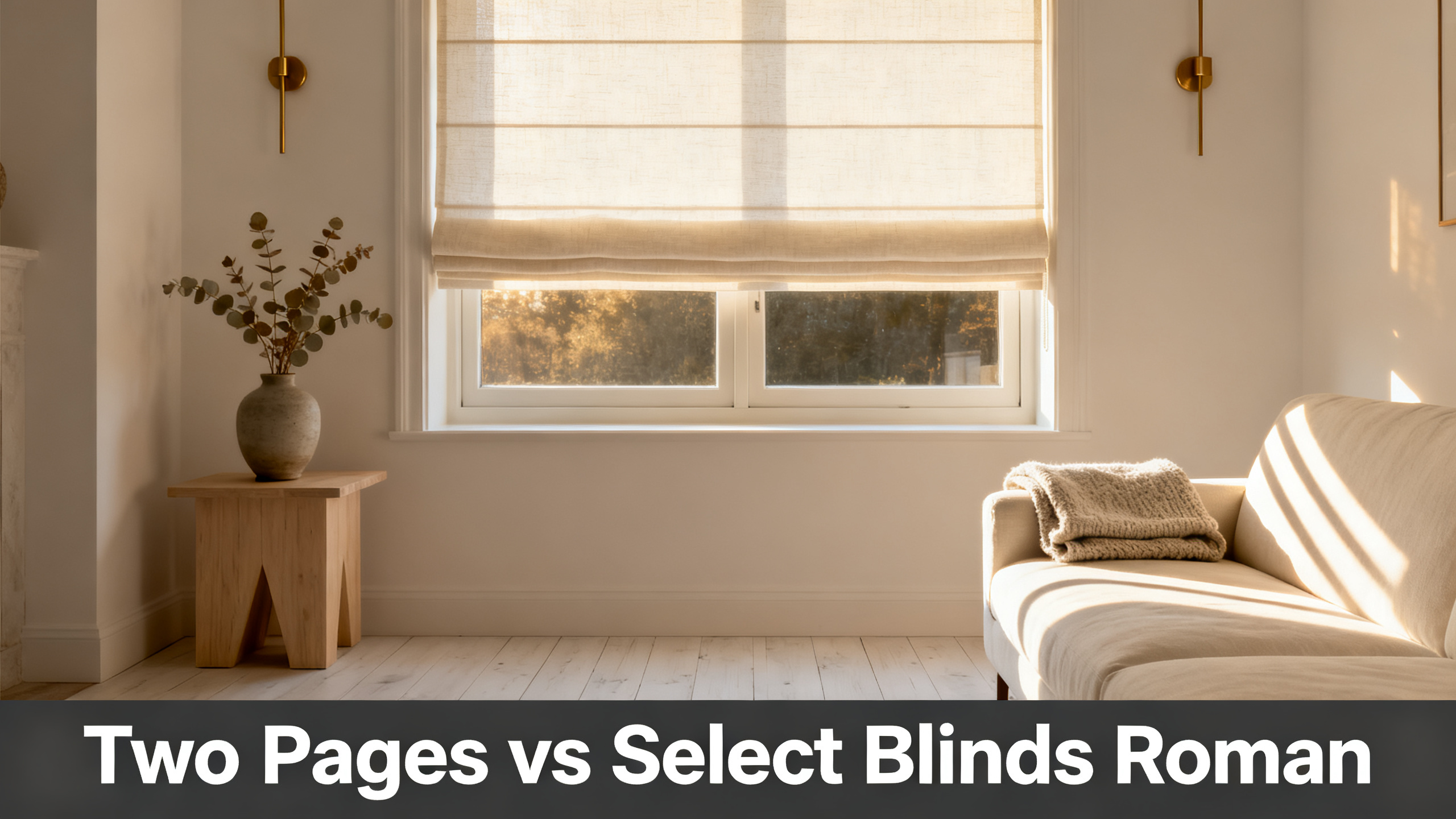 Scandinavian-modern interior at golden hour with window treatment, neutral palette, editorial home photography for Two Pages vs Select Blinds Roman