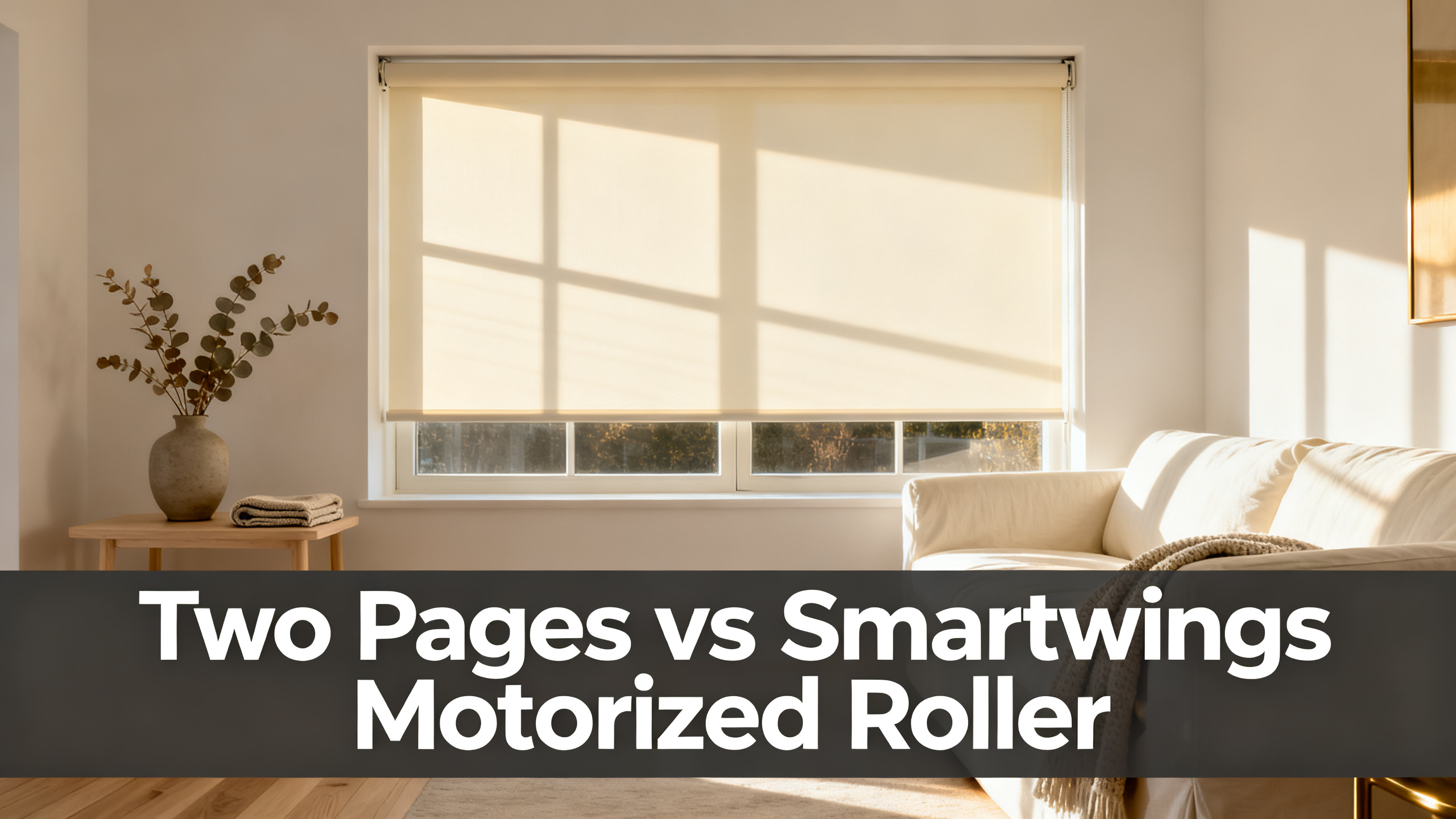 Scandinavian-modern interior at golden hour with window treatment, neutral palette, editorial home photography for Two Pages vs Smartwings Motorized Roller